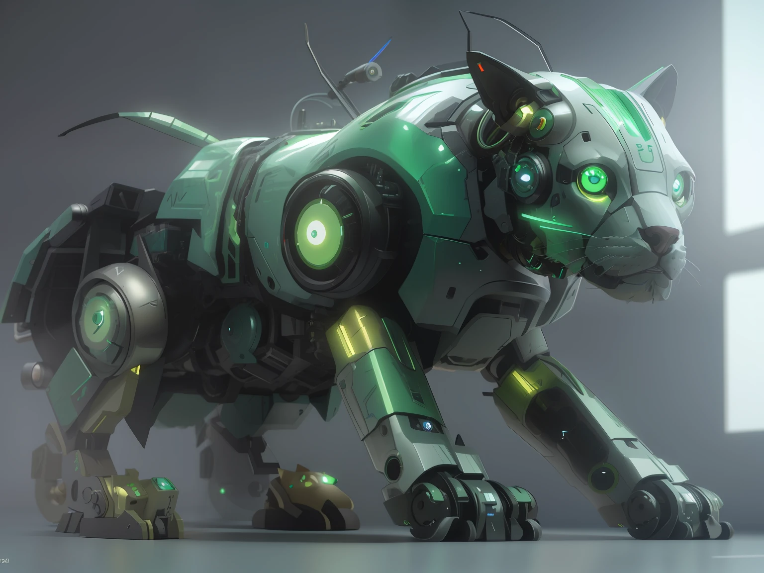 A close-up of a dog with a mechanical body and a green eye, mecha animal, Cyber Steampunk 8K 3D, Un gato cyborg, Tendencias de renderizado 3D en ArtStation, animal robot, Wojtek FUS, Gato cyborg, Concepto de arte mecanizado