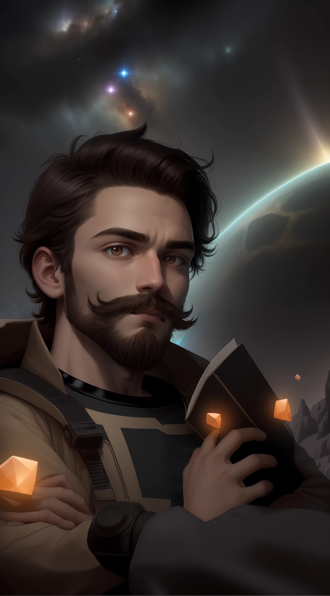 Draw a young programmer, sitting on a research platform floating in the middle of an asteroid belt. He is studying with a notebook, surrounded by several asteroids glowing with fiery auras. Dramatic lighting from distant stars and planets illuminates the scene, casting deep shadows on the suit. The young man looks confident and determined, looking at the vast and mysterious universe with wonder and respect,facial hair, cowboy shot,