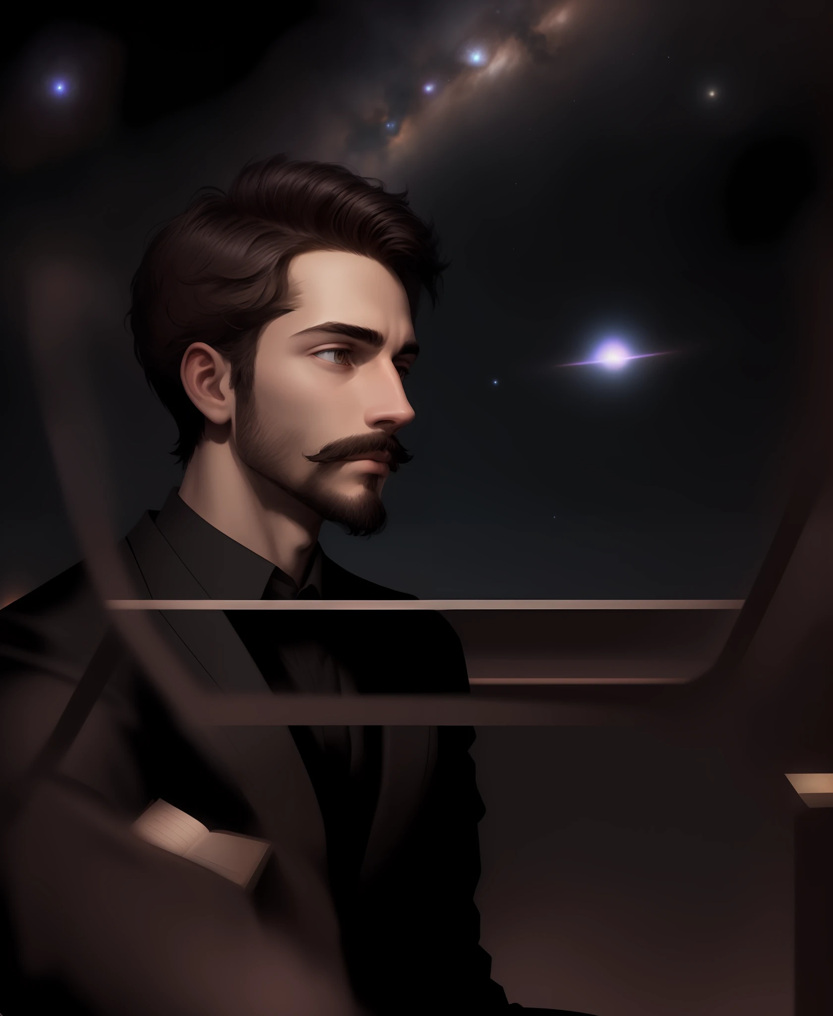 Draw a young programmer, sitting on a research platform floating in the middle of an asteroid belt. He is studying with a notebook, surrounded by several asteroids glowing with fiery auras. Dramatic lighting from distant stars and planets illuminates the scene, casting deep shadows on the suit. The young man looks confident and determined, looking at the vast and mysterious universe with wonder and respect,facial hair, cowboy shot,