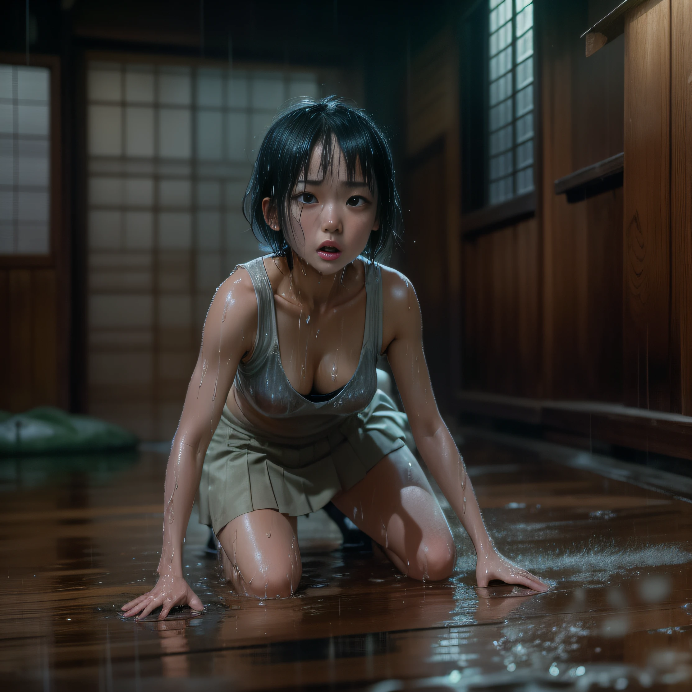 cinematic horror scene, wide dynamic shot, full body of a young beautiful Japanese woman crawling, frightened look, looking around, soaked wet, wearing a thin strapped sleeveless shirt, pleated miniskirt, very short hair,  old dark wet Japanese wooden room, hyper realistic female wet skin, Hyper realistic manga style, high quality, 4k resolution, still from Japanese horror movie.