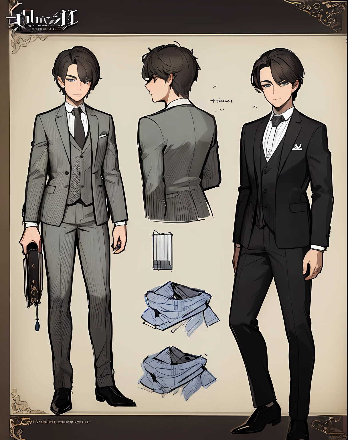 ((Masterpiece))), (((Best Quality))), ((Ultra-detailed)), (very detailed illustration), cinematiclight,, 1 guy ((Character Sheet)), (Concept art), ((full - body)), (Masterpiece: 1.2), (Best Quality: 1.3), 1 guy standing Guy in a formal suit . Dark hair, blue eyes