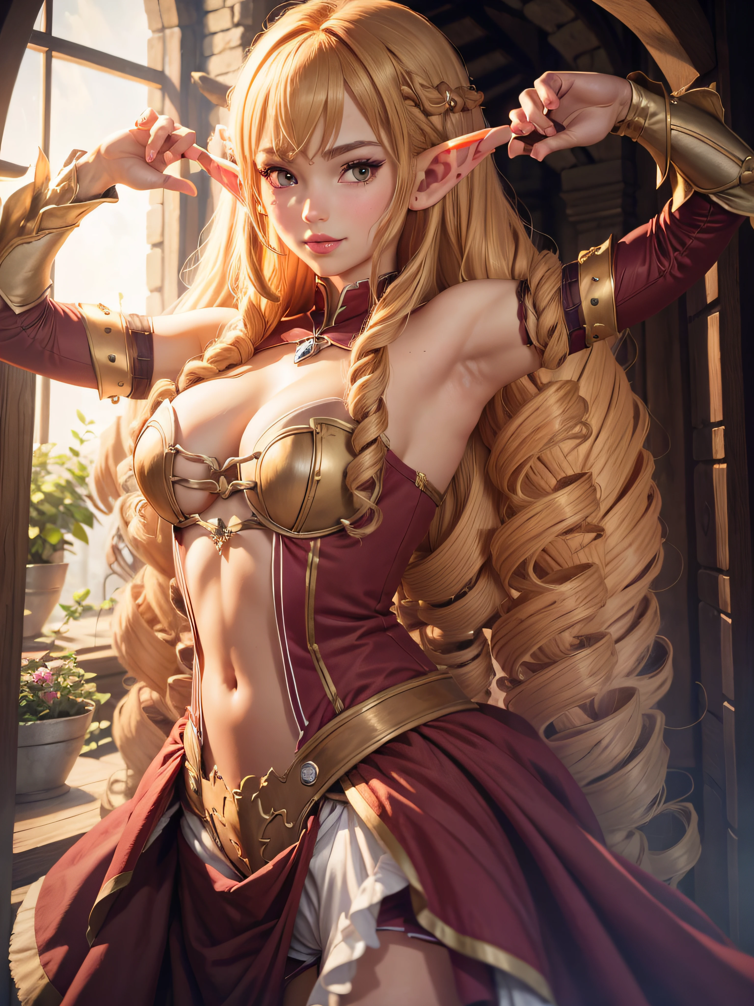 Elinalise, 1girl, solo, long_hair, elf ear, cleavage, adorable pose, perfect hands, perfect fingers,