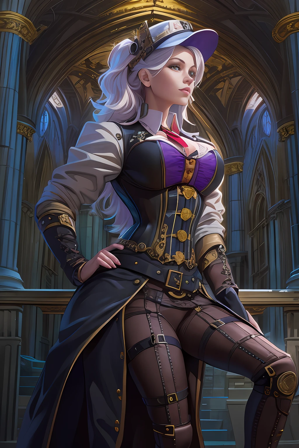 Hyperrealist full shot of steampunk gal by david hockney and alphonse mucha,photoh art, photo realistic, purple corset and stoking, dynamic lighting, artstation, poster, volumetric lighting, very detailed faces, 4 k, award winning, 1girl, gothic cathedral n background, deep shadow,(steampunk clothing:1.4) ,long hair,white hair,