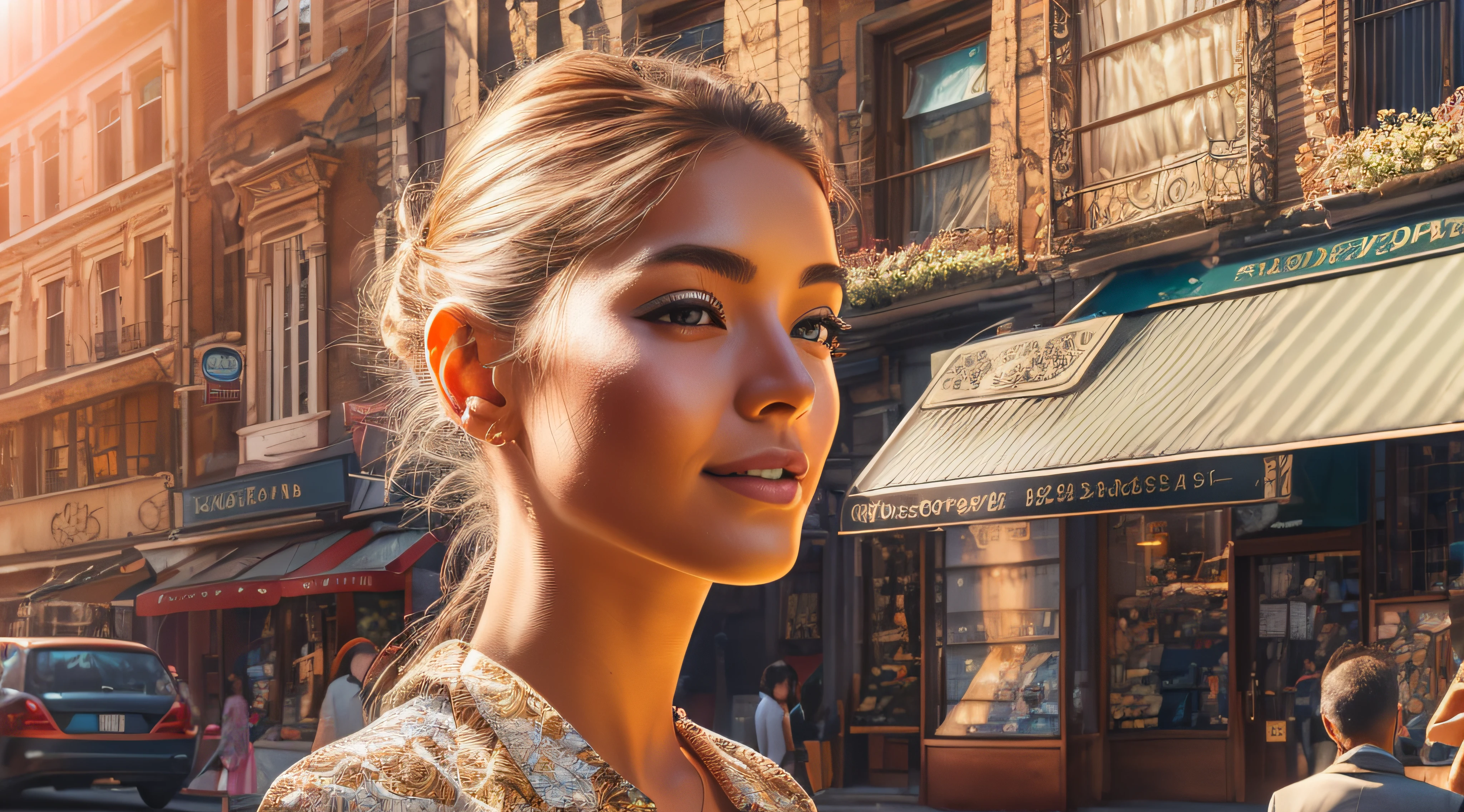 detailed face, A stunning photograph of a fashionable lady walking down a sunny street in a bustling city, captured in a naturalistic style by photographers Sam Yang and Ross Tran. The scene is highly-detailed, with intricate textures on the lady's clothing and sharp focus on the surrounding buildings. The lighting is bright and optimistic, with the sunlight creating a warm glow and a sense of hope and positivity,