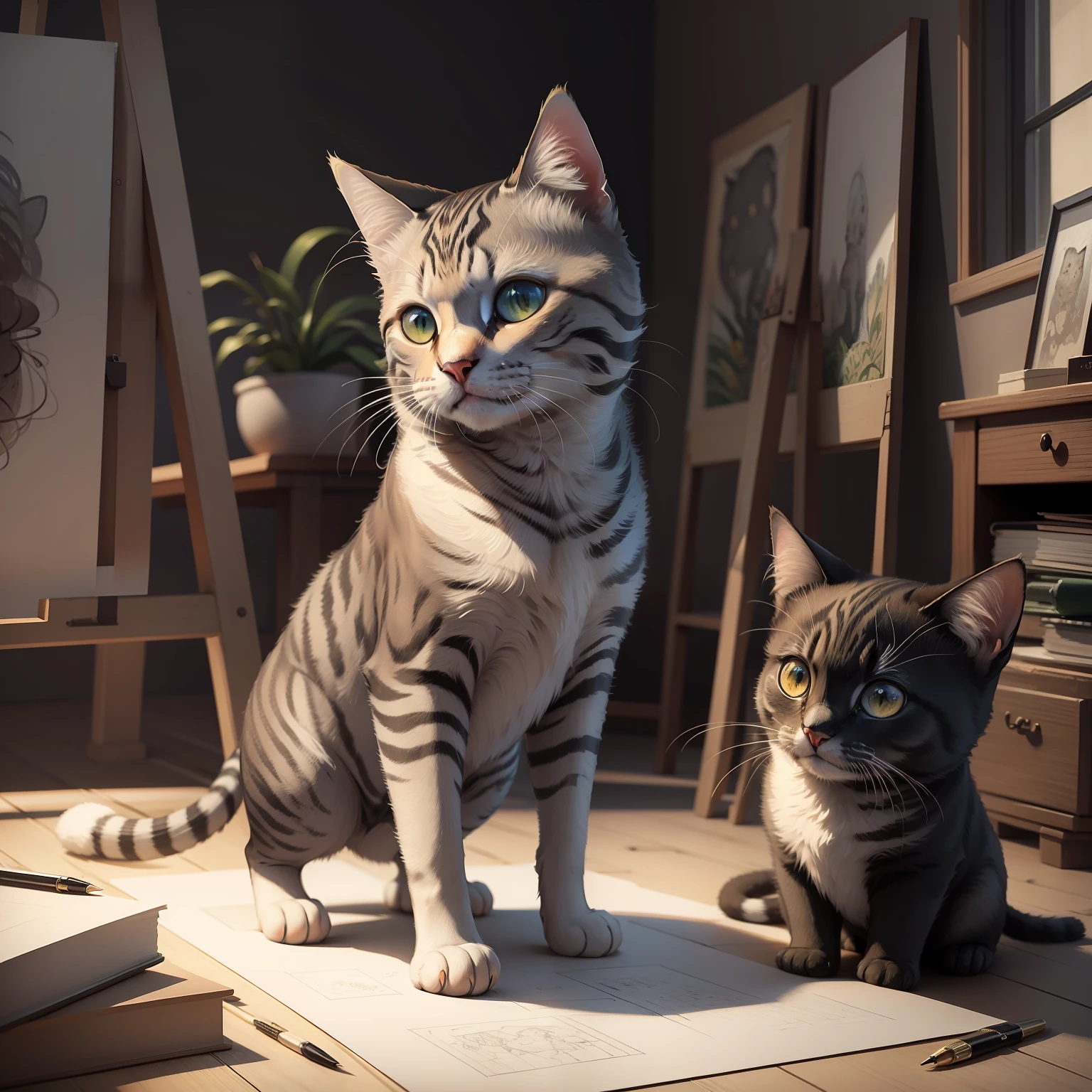 um gatinho, Art Studio, Pinturas de Van Gogh, high resolution, 4k, desenho de fantasia, pencil strokes, preto e branco