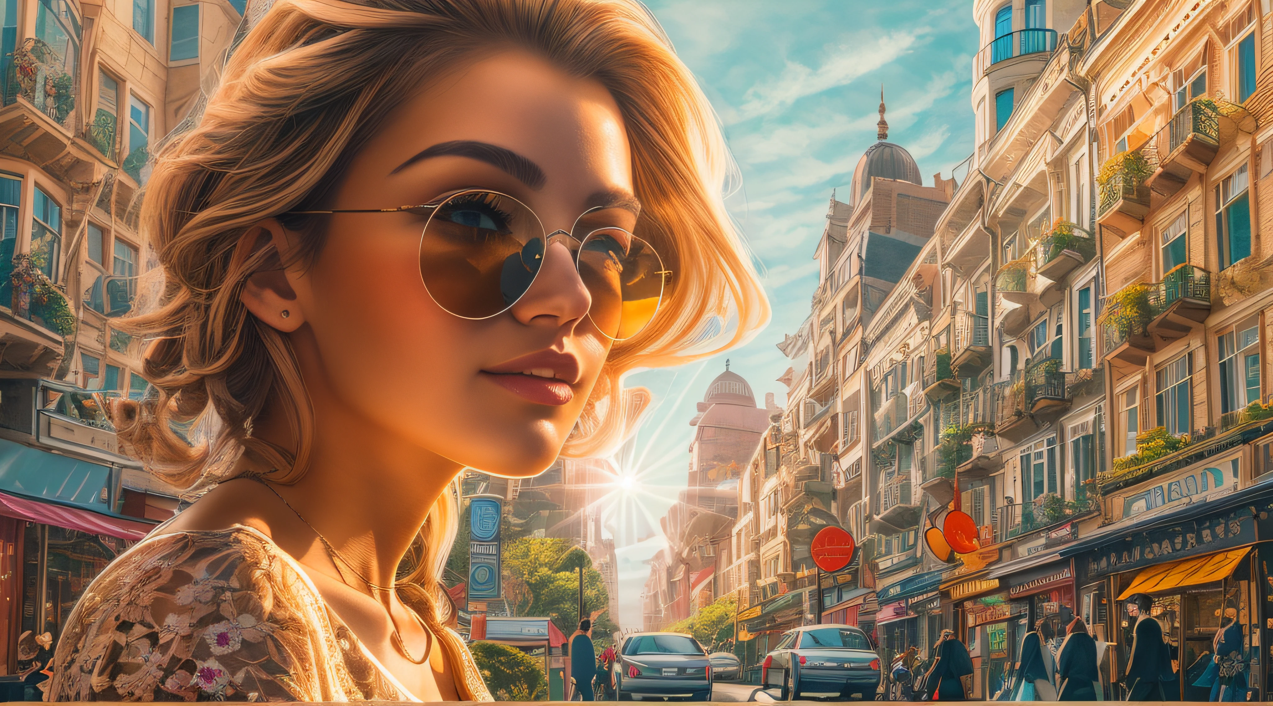 detailed face, A stunning photograph of a fashionable lady walking down a sunny street in a bustling city, captured in a naturalistic style by photographers Sam Yang and Ross Tran. The scene is highly-detailed, with intricate textures on the lady's clothing and sharp focus on the surrounding buildings. The lighting is bright and optimistic, with the sunlight creating a warm glow and a sense of hope and positivity,