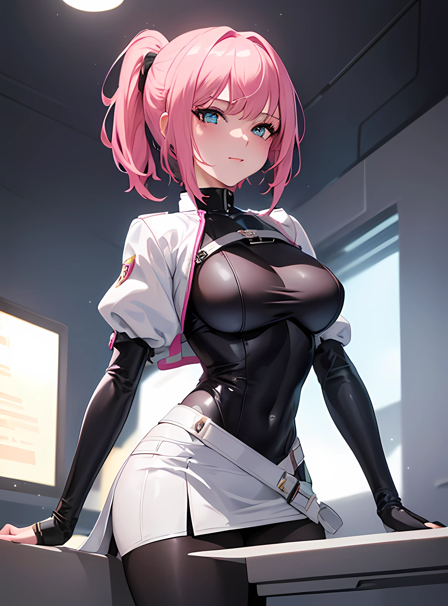 SFW (masterpiece, best quality,4k) a youthful adult woman with short pastel pink hair (short hair, loose, straight bob, long bangs, half-ponytail), turquoise eyes, (sexy face), porcelain skin, aboard a spaceship, space, stars, futuristic clothes, (tight bodysuit under clothes, black bodysuit, full bodysuit), (cropped jacket, white jacket, big sleeves, large sleevels, puffy sleeves), (pencil miniskirt, tight miniskirt, white miniskirt), (belts, pouches, harness), operative, rogue, mage, ((large breasts, big breasts, round breasts, pushup)), ((slim)), small smile, head-to-waist portrait, cinematics, color oil painting, cinematic lighting, extremely detailed face, finely detailed face, beautiful face, beautiful eyes, perfect lighting, depth of field, (realistic proportions), (good anatomy), (solo), (1girl)