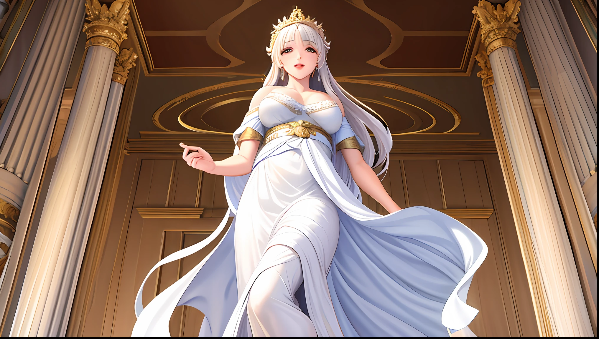 A realistic full-length Greek white marble statue of a beautiful Italian girl wearing a ghostly toga , fundo neutro , temperamental , sorridente , foto realista , cena de filme , super detalhada , hiper realista , luzes brilhantes