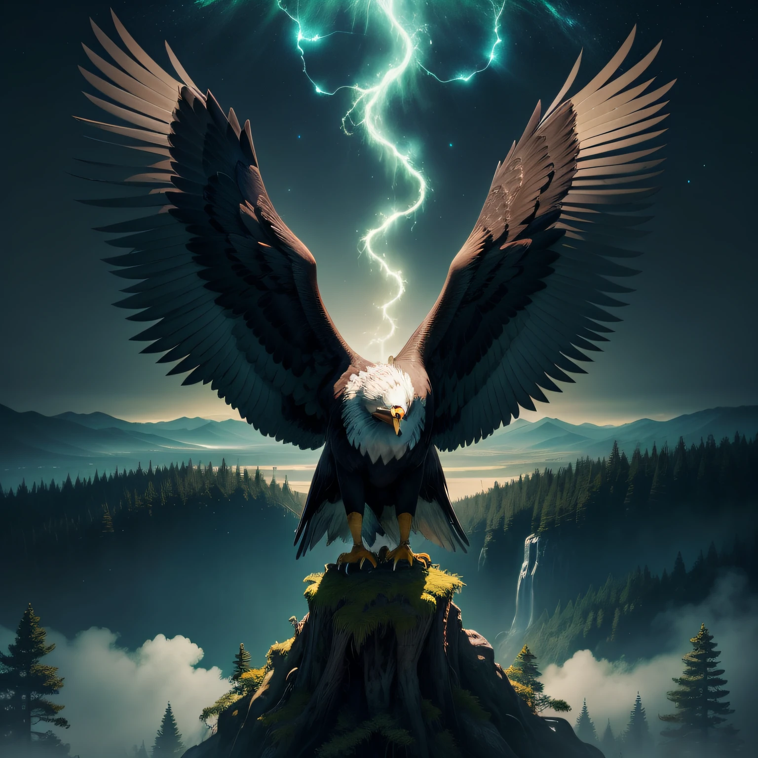 /imagine prompt: An elegant eagle with mesmerizing green eyes soars gracefully over a dense and ancient forest. The majestic creature's wings spread wide, catching the wind as it surveys the sprawling expanse below. The forest below is teeming with life, a tapestry of vibrant foliage and winding streams. The eagle's perspective offers a breathtaking view of nature's harmonious symphony.
A soft, mystical ambiance envelops the scene, evoking a sense of wonder and awe. The mood is serene yet exhilarating, as if witnessing a timeless dance between the eagle and nature itself.
The atmosphere is ethereal, with an air of enchantment and magic. It resonates with both tranquility and excitement, inviting the viewer to immerse themselves in the wilderness.
The lighting effect is ethereal and otherworldly, as neon lights from an unseen source gently illuminate the landscape below. The emerald glow casts an enchanting luminance, highlighting the eagle's majestic silhouette against the darkening sky. The play of light and shadow adds depth and drama, enhancing the overall magical feel of the image.