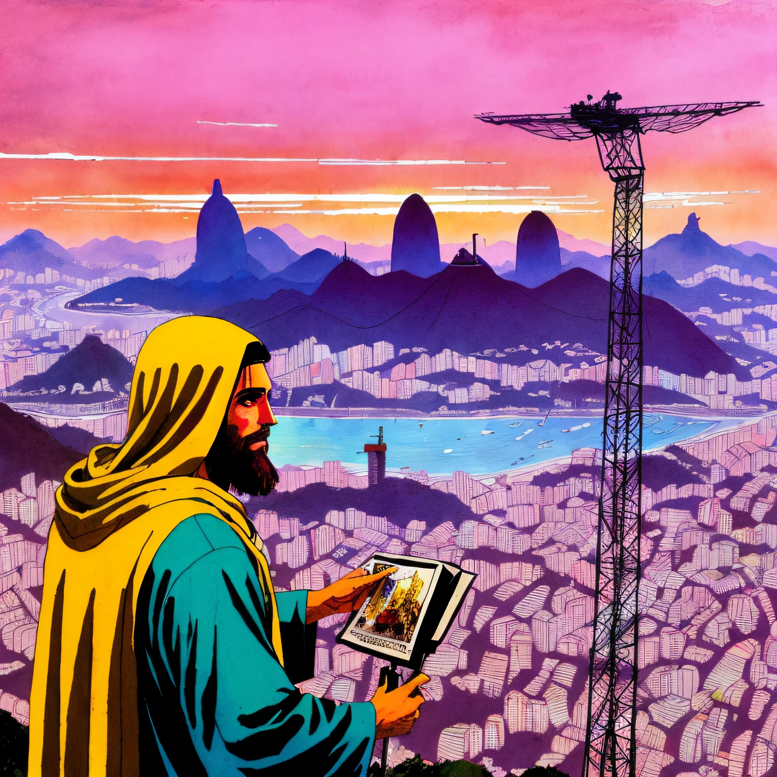 (Jesus in rio de janeiro teaching the crowd), science fiction, complex scene futuristic, post-apocalyptic
pink-scene, pink-sky
( ink sketch by Enki Bilal)((masterpiece, best quality, )),