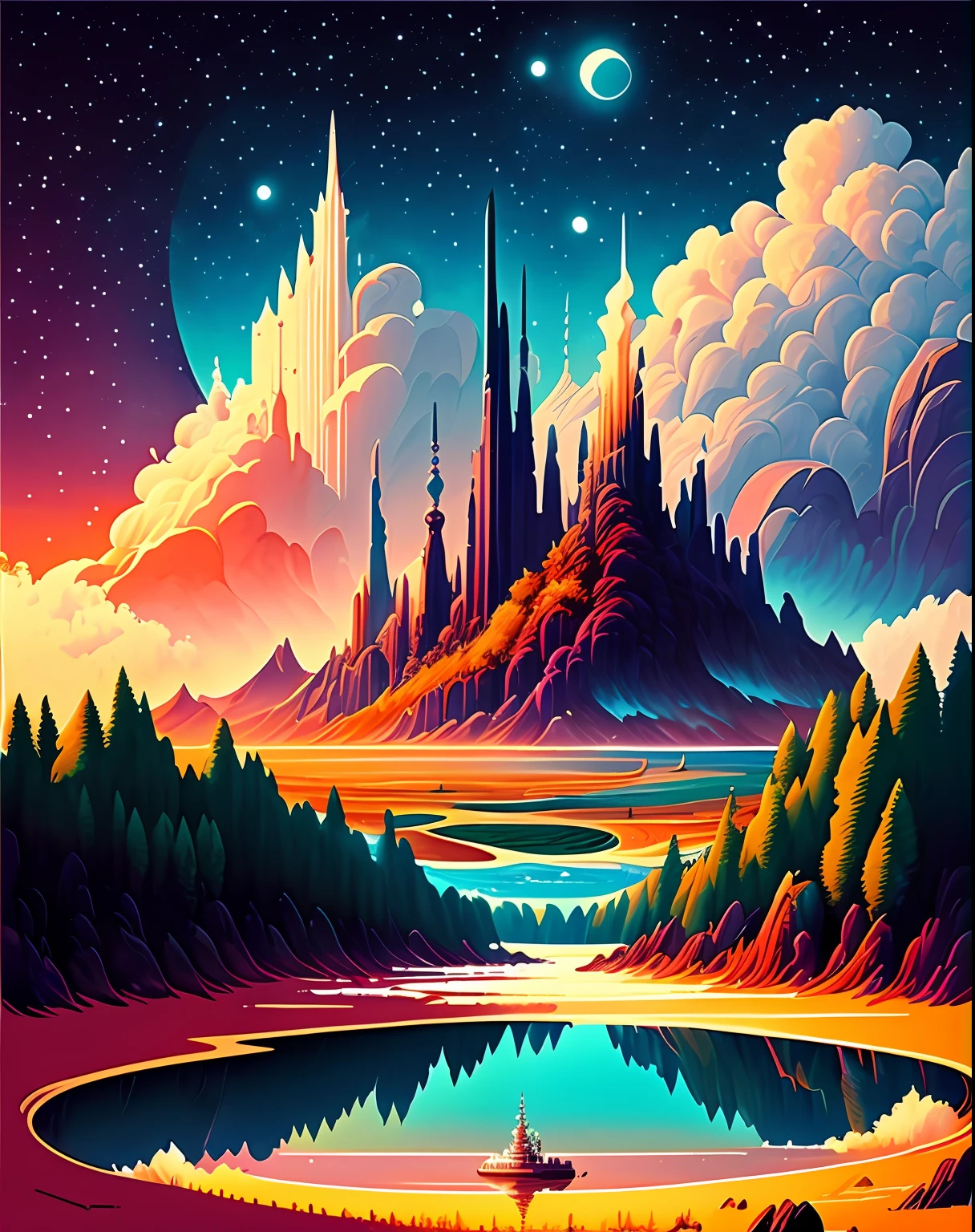 A beautiful land full of water and and clouds, astrophotogr,masterpiece, expert, insanely detailed, 4k, composition, centered, painted, intricate, volumetric lighting, beautiful, rich deep color masterpiece, sharp focus, ultra detailed, no dan mumford and marc simonetti style, vector, print