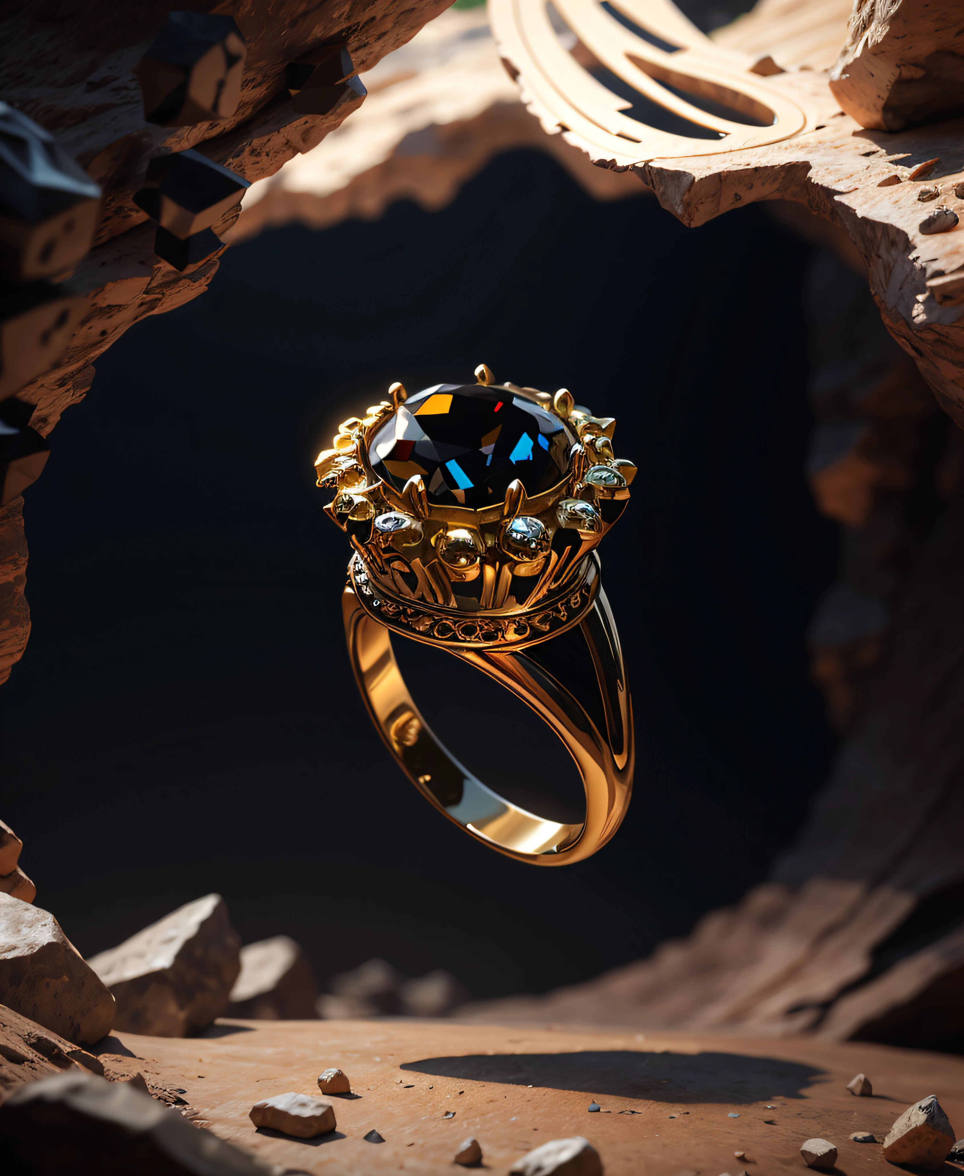 Ultra realistic ring close-up inside a cave with valuable ores and lighting on the ring, arte conceitual ultra realista, arte conceitual altamente realista, hyperreal rendering, arte conceitual hiperrealista, arte conceitual hiperrealista, trending on polycount, Product rendering, ultra realistic 3d illustration, 3 d product render, hyper realistic detailed rendering
