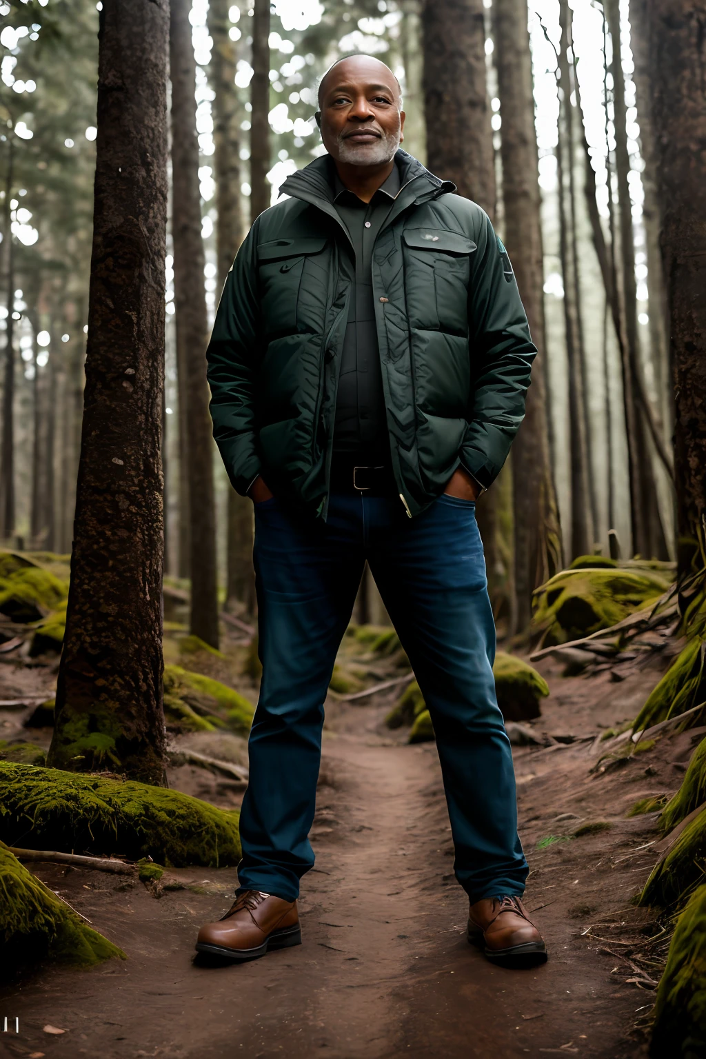 Foto RAW, uma foto retrato de 55 y.o homem, Roupas de viajante, standing in the forest, pele natural, 8k UHD, alta qualidade, filmic grain, Fujifilm XT3