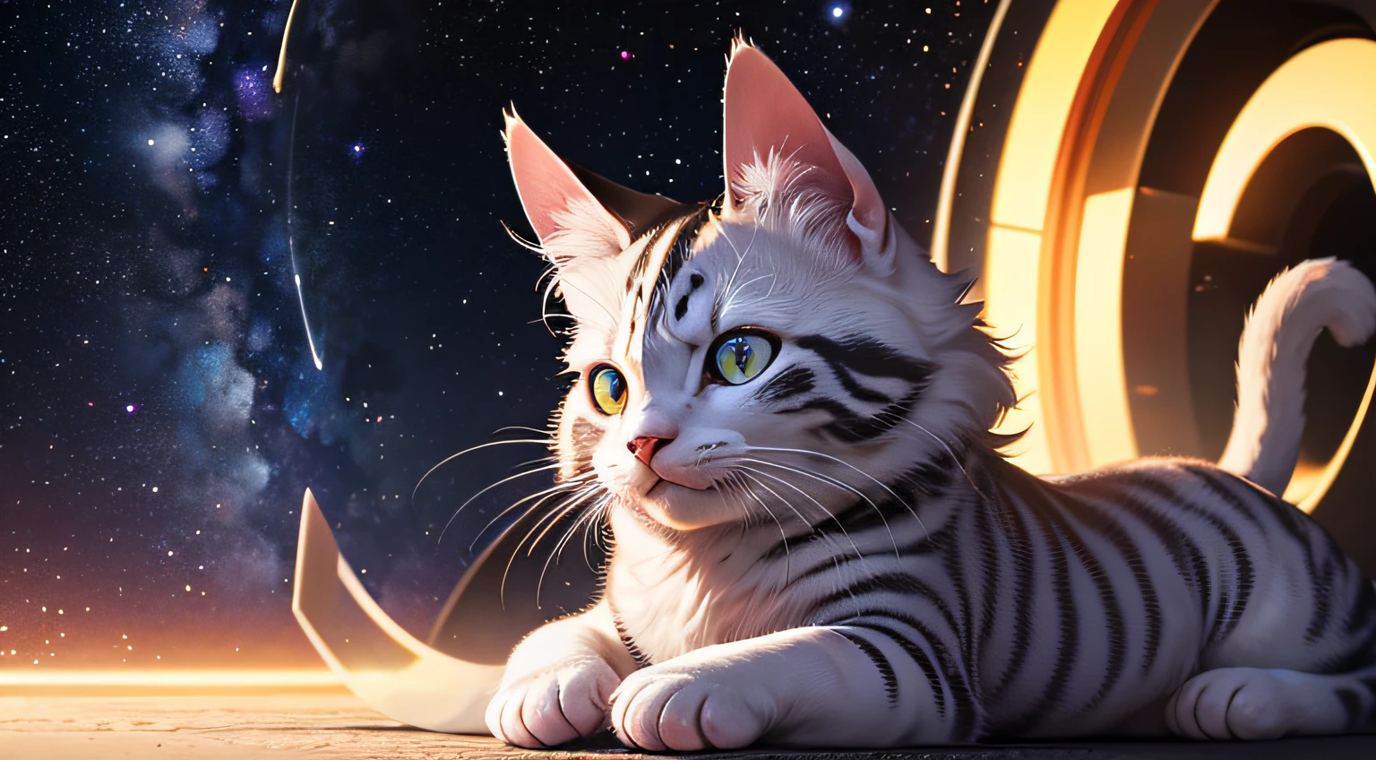 absolutely resolution,masutepiece,Best Quality,Extreme details, Ultra-detailed,Thinking cat,Outer space,photographrealistic,Upper body, Looking At Other,