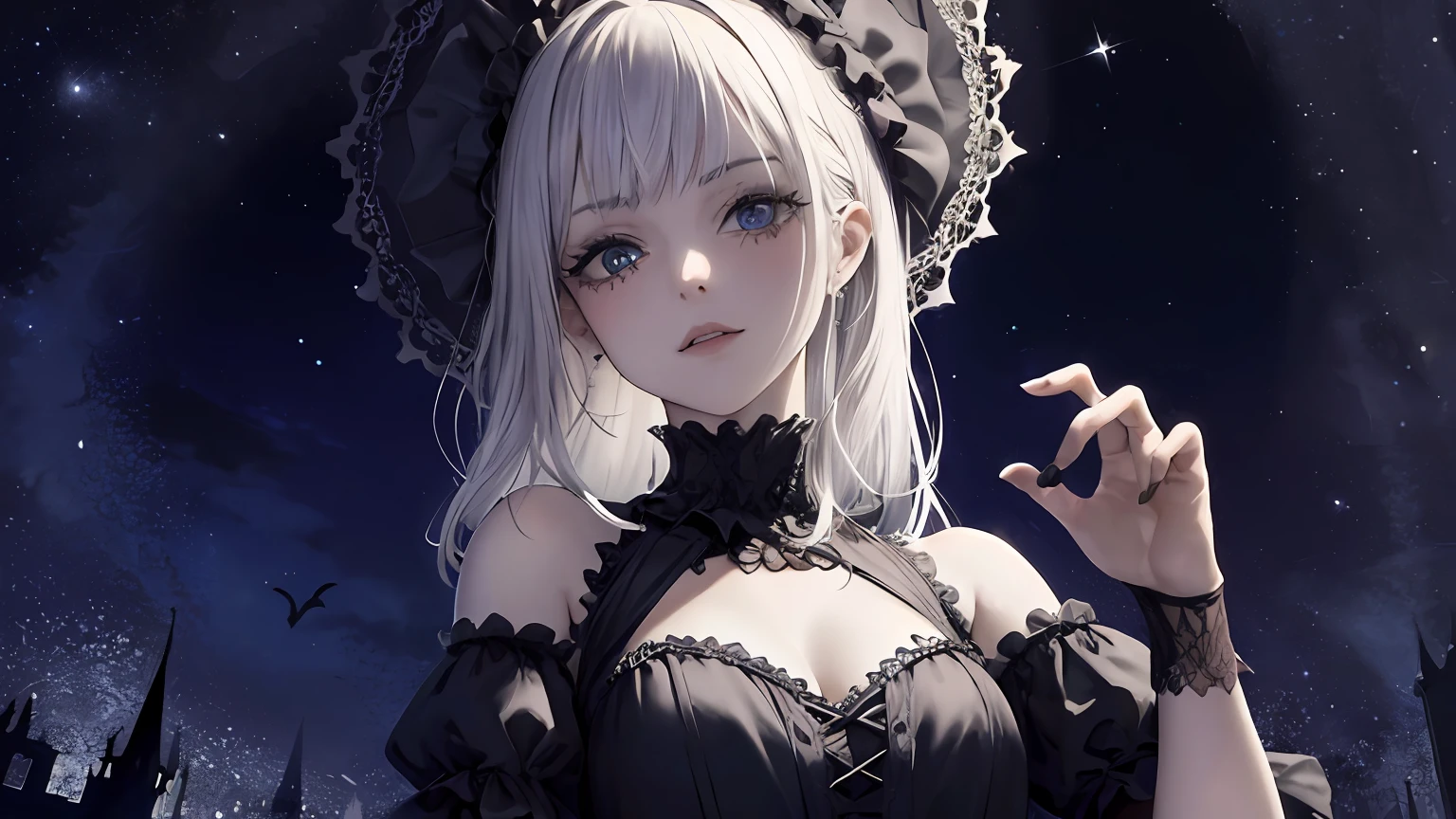master part,best quality,Arte Oficial,extremamente detalhado,colorido,mais alto detalhado,1senhora,(,intricate detailed gothic dress with lots of ruffles),FullFace Helmwith
muitos babados,castelo,(Closeup),de cima,,dynamic pose,dynamic pose,lua azul,estrelado,Noite,castelo,Closeup,tema escuro,gothic horror,