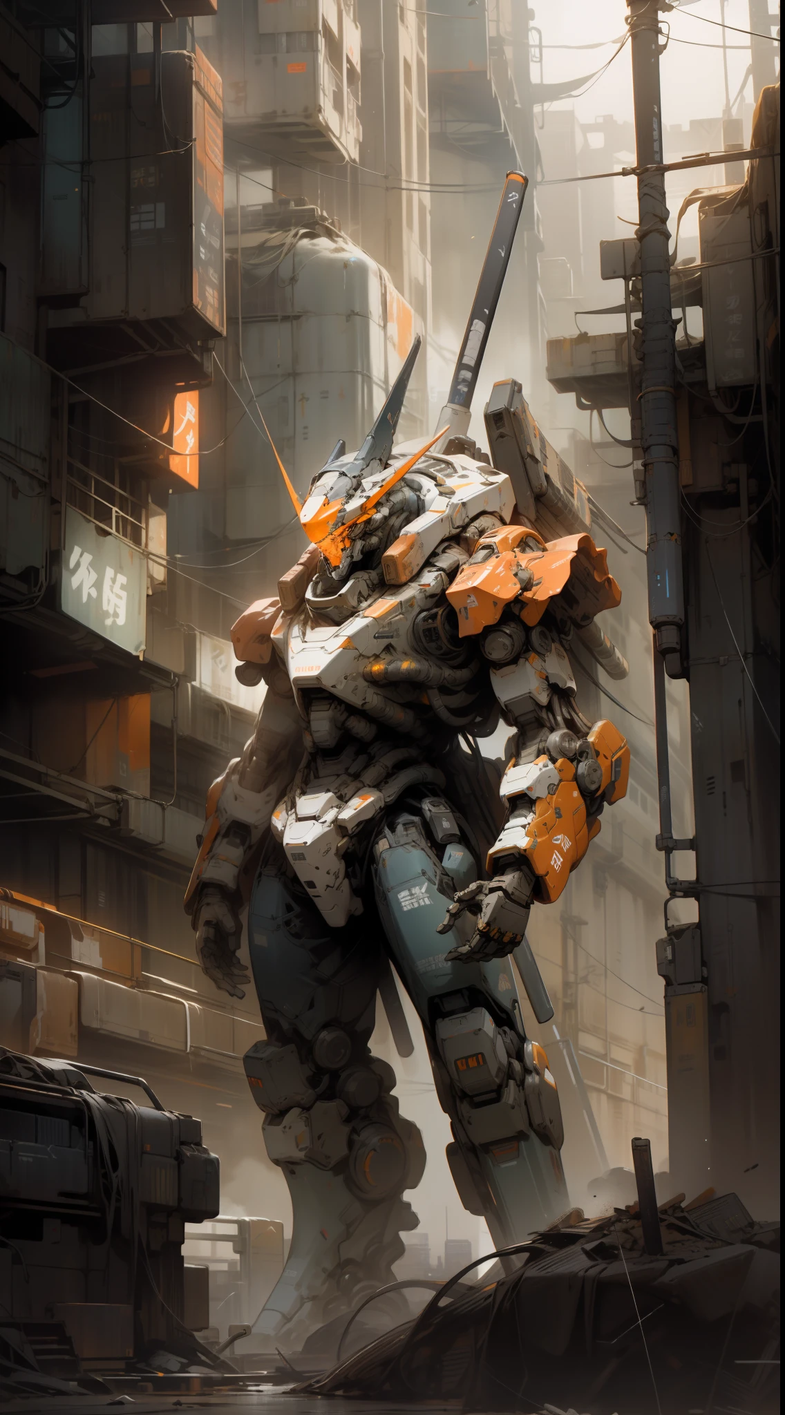 On the moon,barren planets, ruins, holding_weapon, no_humans, glowing, robot, building, glowing_eyes,orange mecha, science_fiction, city, realistic,mecha,Milky Way Galaxy background,neon,cyberpunk,