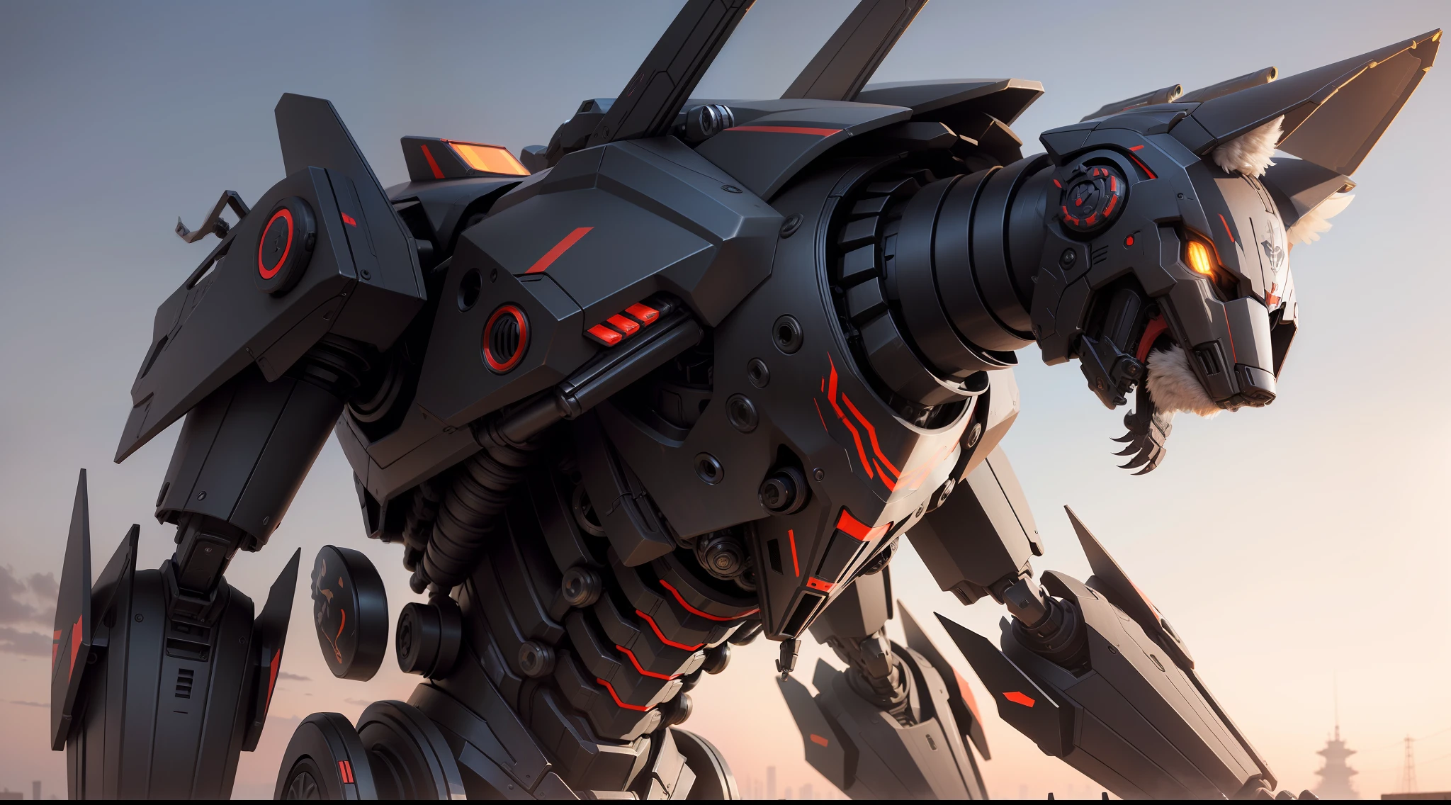 tmasterpiece，mechs，coyote，Nero，Mechanical joints，Escultura，Creeping，Head forward，head looking up，Oily mech wings