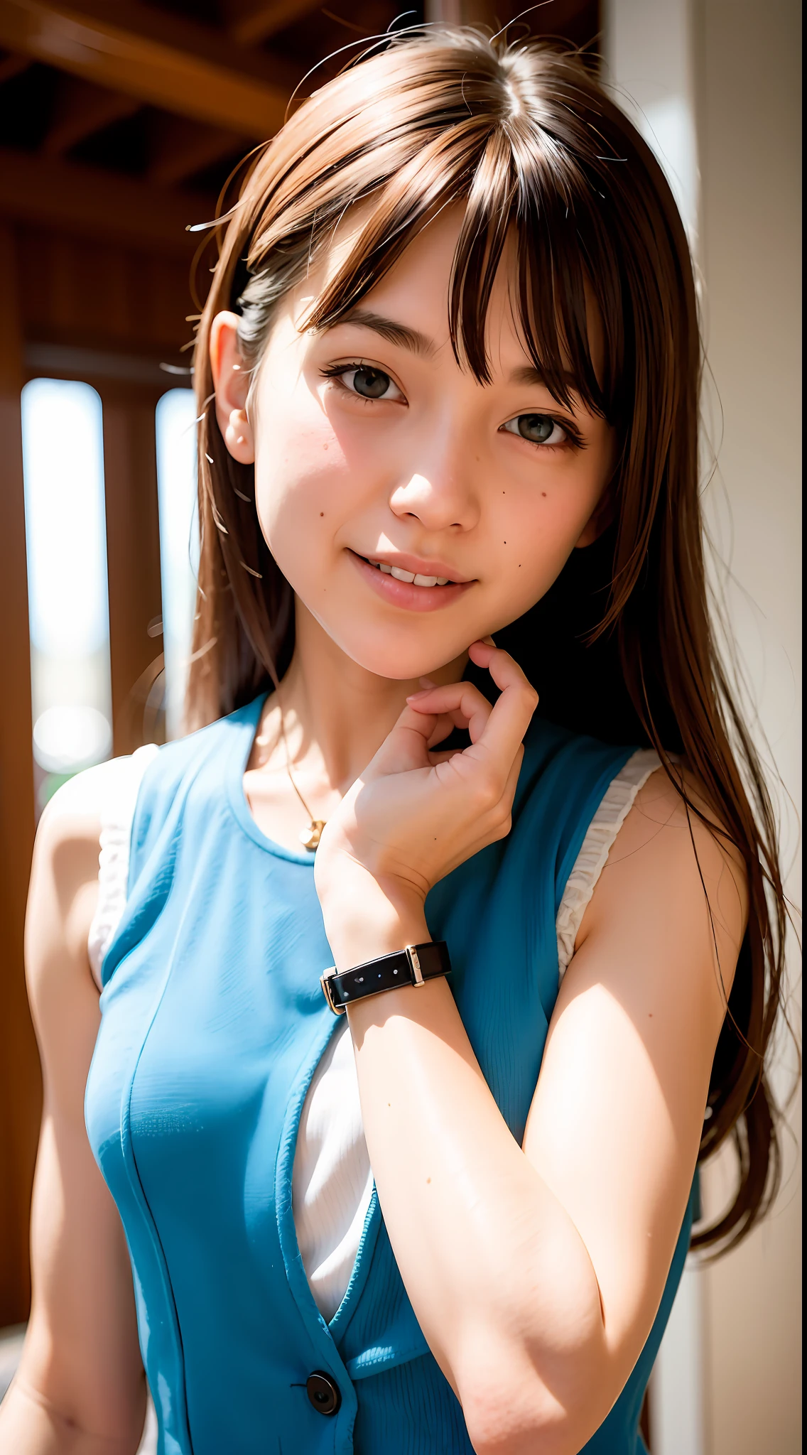 (((medium hair))), best quality, 8K, HDR, highres, absurdres:1.2, blurry background, bokeh:1.2, Photography, (RAW photo:1.2), (photorealistic:1.4), (masterpiece:1.3), (intricate details:1.2), 1girl, solo, japanese girl, delicate, beautiful detailed, (detailed eyes), (detailed facial features), petite, (((small breasts))), skin tight, (looking_at_viewer), from_front, (skinny), (best quality:1.4), (ultra highres:1.2), cinema light, (extreme detailed illustration), (lipgloss, best quality, ultra highres, depth of field, caustics, Broad lighting, natural shading, 85mm, f/1.4, ISO 200, 1/160s:0.75),1girl, solo, (((blue vest))) smile, school uniform, necklace,