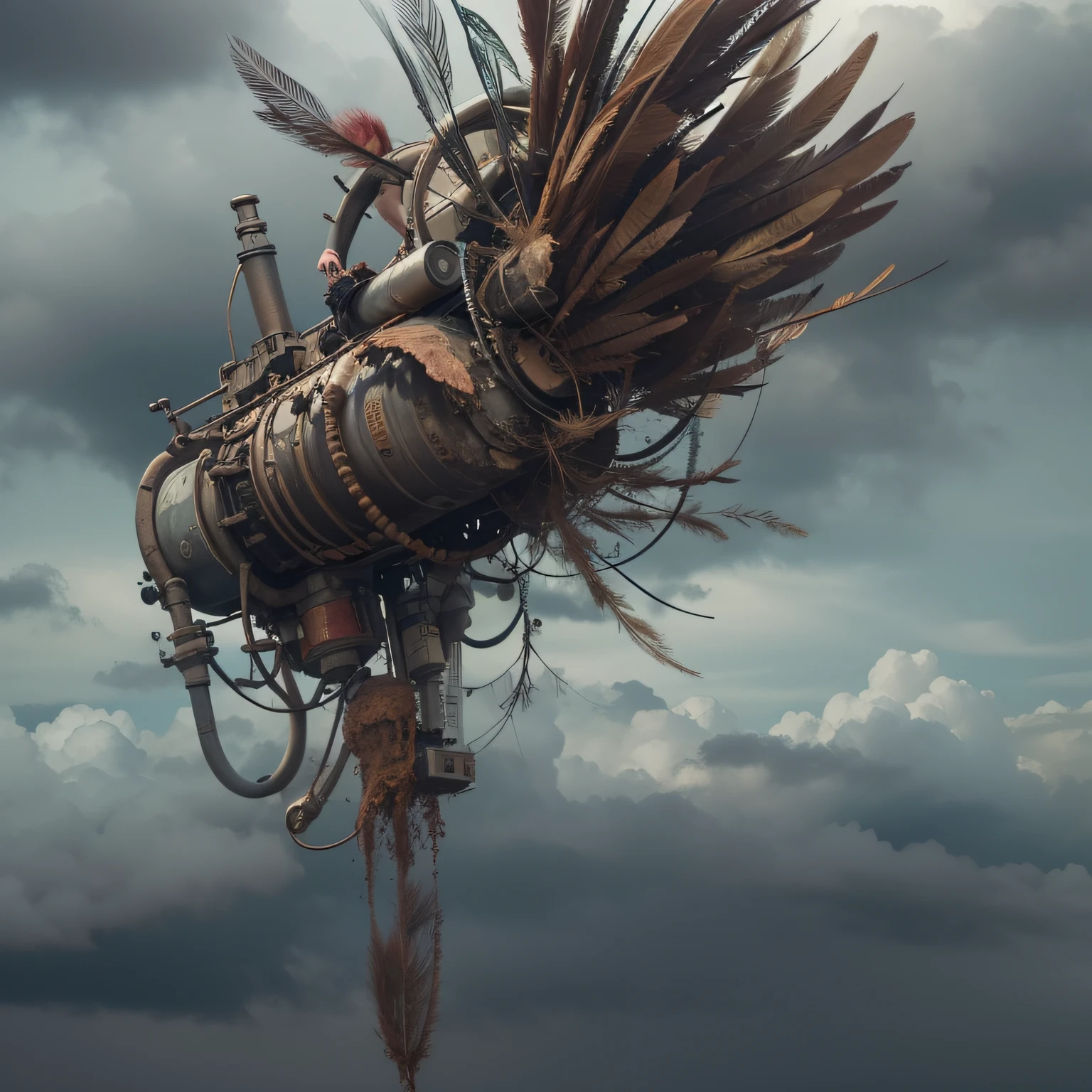 a heavily distorted, fading late morning heavily overcast sky, a singular object comprised of contorted feathers/machinery/pipes/rusted components is floating in the air, extra detail, 4kHD details, best resolution, surrealistic composition, extreme camera angle, motion blur, depth of field, foreshortening, tilted camera angle, cinematic lighting, movie scene, precise details, intense details