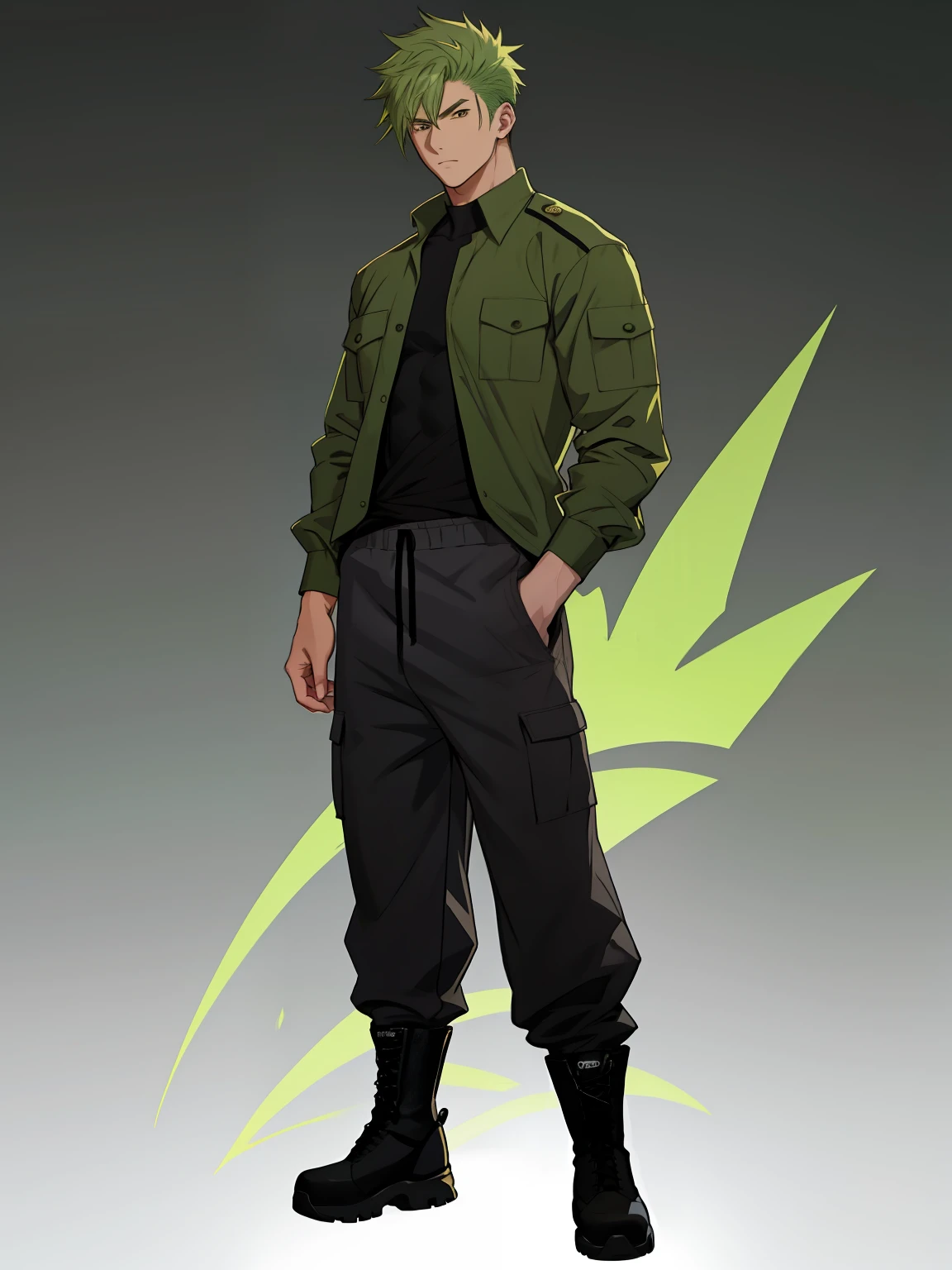 Anime style, great physique, young man with green hair, light green, a baggy black sleeve shirt, baggy gray sweatpants, Military boots. hands in a pocket. best quality, master part, Ultra high resolution, Detailed background, Realistic, illustration, from front, full body, alone, 1 boy, Male,, strong, good physique, Volumetric lighting, depth of field.