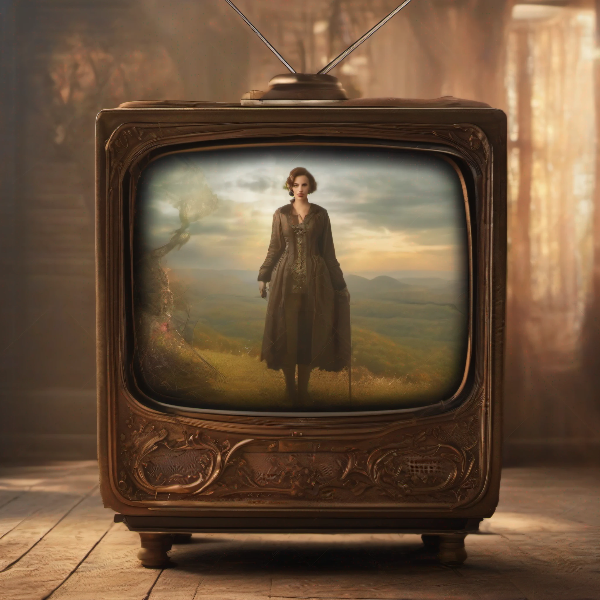 Create a vintage TV screen with this person inserted, preserving the original person without any alterations.