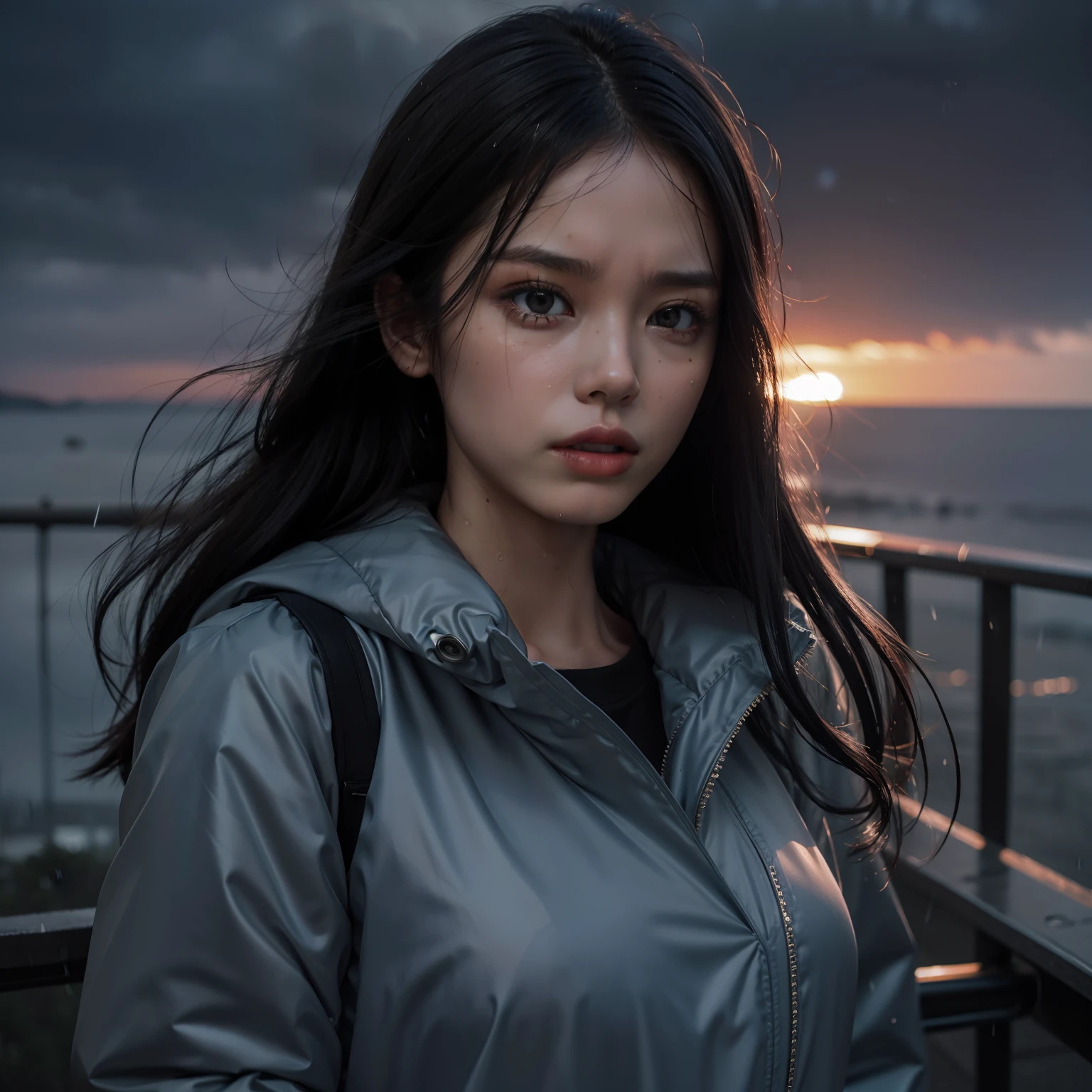Sad beautiful woman, oversized silk navy puffer coat, grey sky, rain, tears on face, masterpiece, photorealistic, dynamic pose, dramatic, film grain, cinematic lighting, sunset, gazing into distance, wet hair, real rain