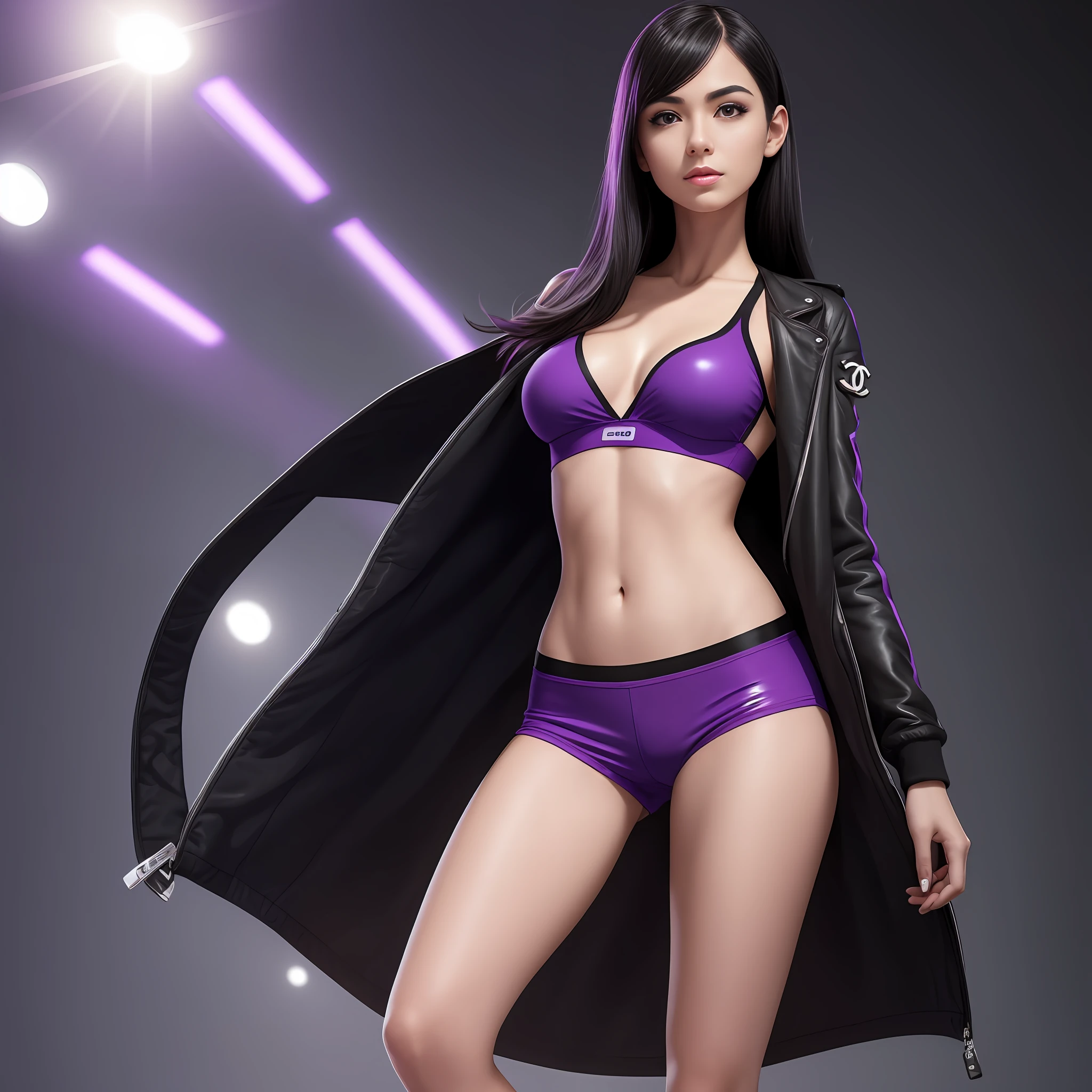 photorealistic, real human skin, 24-year-old girl, lonely, thin white skin, Chanel black hair, soft lips, shiny eyebrows, small breasts, head, eyes and toes directed anteriorly forward, upper limbs next to the body with the palms facing forward, wearing black sports shorts with purple, purple bra with black details and a purple overcoat,  flying like a superhero. --auto