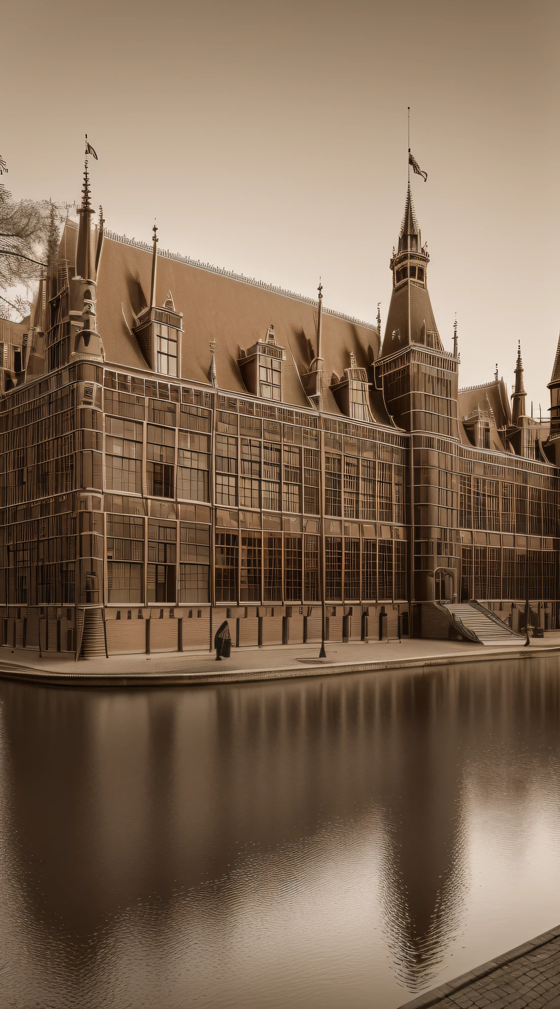 {A sepia-toned photo representation of the Binnenhof, the historic Dutch parliamentary building. This image brings to life the architecture and surroundings as they would have appeared in the 17th-century.}, Photograph, Classical Style, Wide Angle Lens, Panoramic Shot, (Sepia:1.5), (Highly Detailed:1.25), (4K Resolution:1.1), (Golden Ratio:1.05)