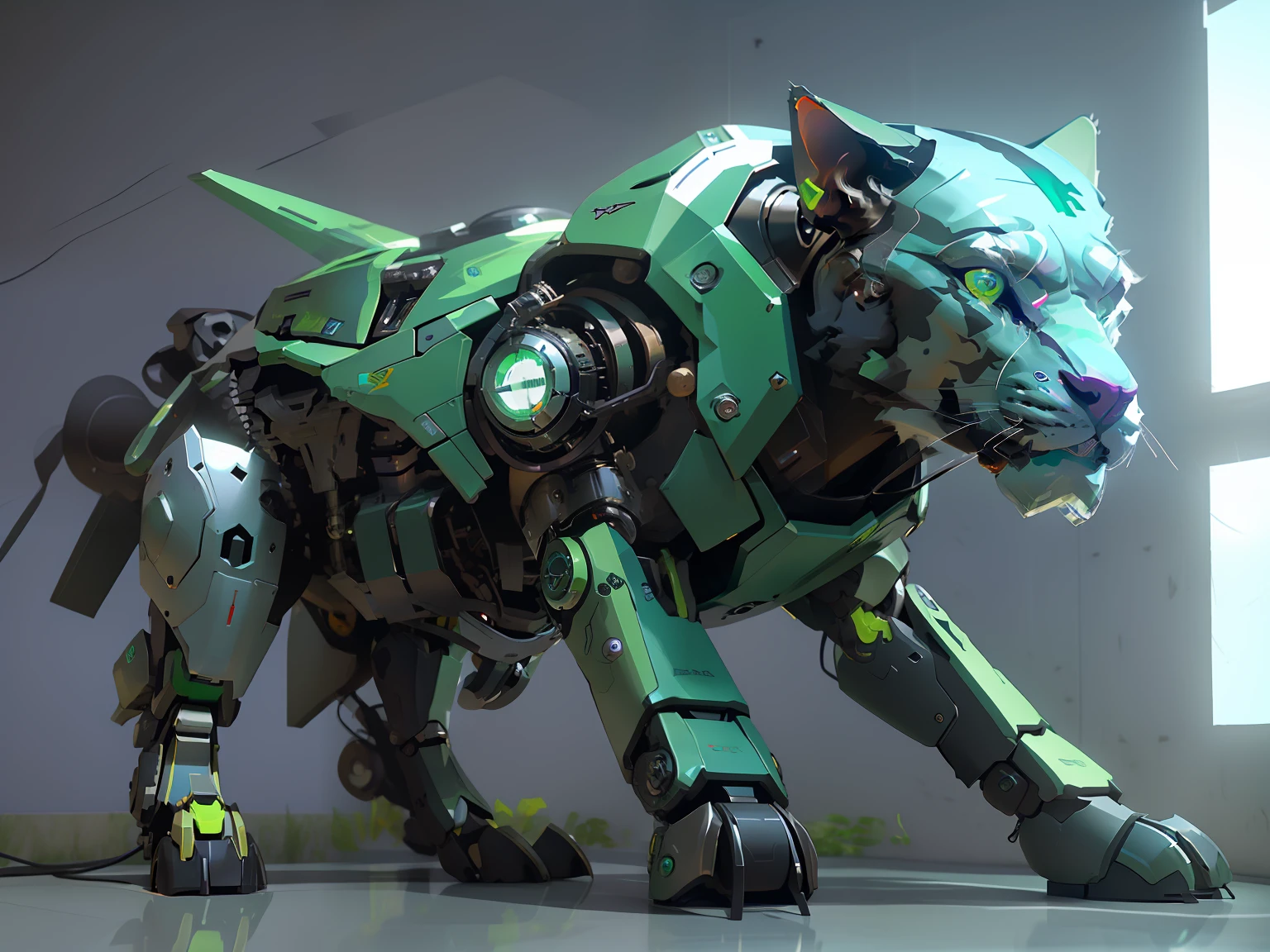 A close-up of a dog with a mechanical body and a green eye, mecha animal, Cyber Steampunk 8K 3D, Un gato cyborg, Tendencias de renderizado 3D en ArtStation, Animal Robot, Wojtek FUS, Gato cyborg, Concepto de arte mecanizado