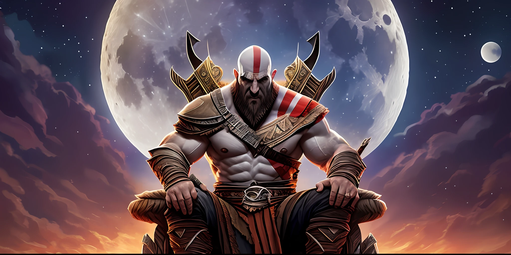 Kratos God Of War Ragnarok Sitting On His Throne, Full Moon Night, Vivid Colors, Intricate Details, Greg Rutkowski --auto --s2