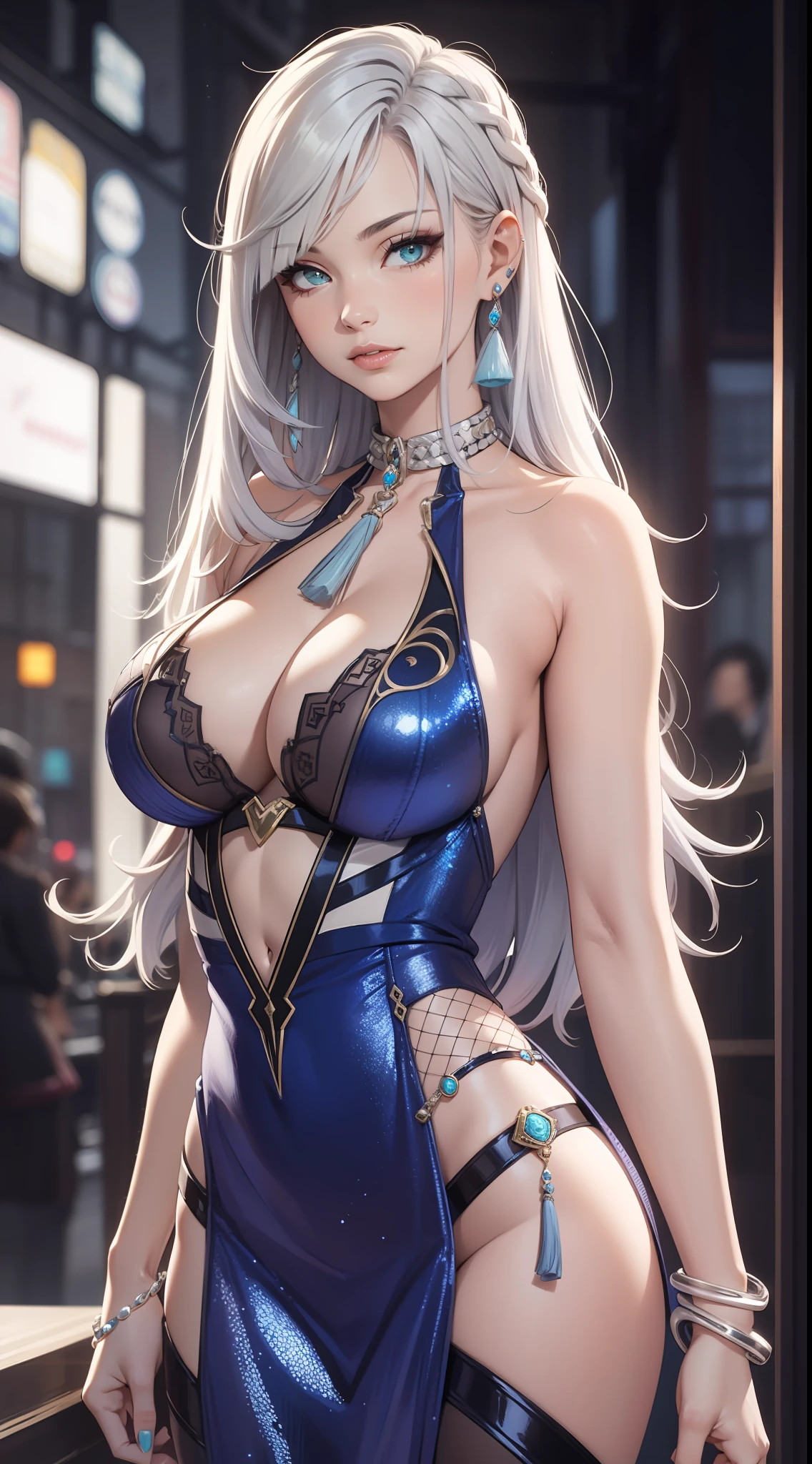 Best quality, masterpiece, realistic, Beautiful sexy cool tall, slim, fit woman, wearing fancy silver-blue sequin party dress, intricate and highly detailed, cleavage, long silver hair, body chain, jewelry.