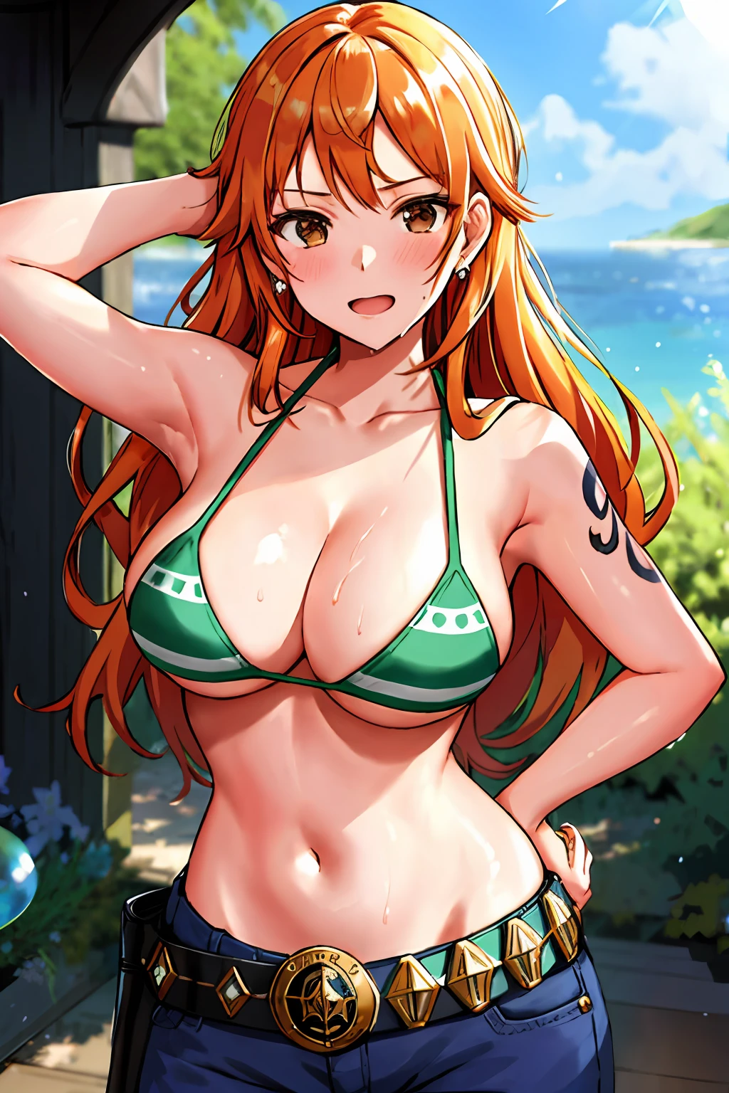 detailed background, masterpiece, 4k, epic, best quality, late youth, adult, wrestler body, wrestling, 1girl, active, energic, (large mouth) , solo, nami \(one piece\), 1girl, bangle, (very wet, yawning, drenched in sweat, sweat all over body, very wet hair, messy hair, tired, open mouth, exhausted, shouting, sweaty face, sweaty body, sweating too much, blushing, tilting head, shiny sweat, leaning, hands on hips, serious, glaring, open eyes, looking uo, perfect detailed face, round face, sweat on face) bold drawing lines, muscular arms, detailed bold arm lines, flat jaw, adult woman, wavy wide streaked bangs, floating bang, (big cheeks), bare shoulders, off-shoulders, belt, bikini, bikini top only, blue sky, bracelet, springy breasts, breast lines, big round eyes, very big brown shiny eyes, bubbles, high eye position, cleavage, cloud, day, denim, earrings, floating hair, shiny hair, green belt, green bikini, bold groin lines, jeans, jewelry, medium breasts, log pose, long hair, looking at viewer, big navel, wet hair, orange hair, pants, shoulder tattoo, sidelocks, sky, solo, standing, stomach, swimsuit, tattoo , looking at viewer, open mouth, detailed left arm, big forehead, hourglass figure, small head, toned body, wide hair, wind effect, sun effect, under the sun, narrow small ears angle, older, random poses,