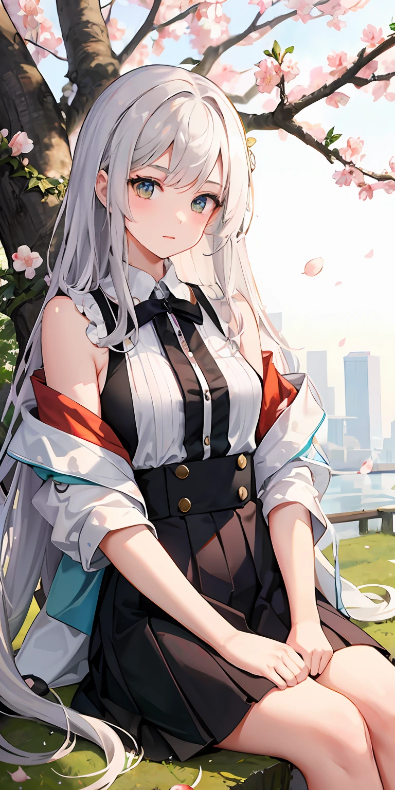 long  white hair，teens girl，Sit under a peach blossom tree，Hand on the hilt，warmly lit