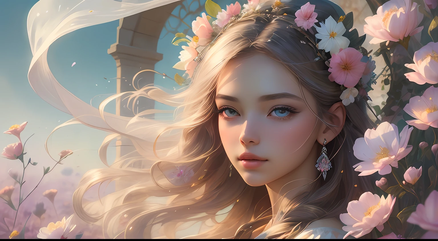 This artwork is dreamy and ethereal, with colors drawing inspiration from gentle watercolors, primarily pink. Generate a delicate and demure flower maiden with soft, realistic hair dancing in the breeze. Her sweet, realistic face is extremely detailed and has puffy, big lips and stunning, highly realistic eyes. Her eyes are important and should be realistic, highly detailed, and beautiful. The flower maiden is wearing delicate and elegant fabric of silk and satin. She is surrounded by beautiful flowers of varying sizes and colors and flower petals dancing in the wind around her. The background is detailed, wild, and unruly, with wildflowers and wind and pollen creating a dynamic and compelling image. She wears an ornately flowered headdress that enhances her soft beauty. Include a soft watercolor sky. Include fantasy details, enhanced details, iridescence, colorful glittering wind, and pollen. Pay special attention to her face and make sure it is beautifully and realistically detailed. The image should be dreamy and ethereal.8k, intricate, elegant, highly detailed, majestic, digital photography, art by artgerm and ruan jia and greg rutkowski, (masterpiece, finely detailed beautiful eyes: 1.2), hdr, realistic skin texture, ((fantasy00d:1)), rays of light, ornate flowers, dew drops, sunlight, hazy rays of sun, flowergateway style, castle, palace, archway, flowers, growing