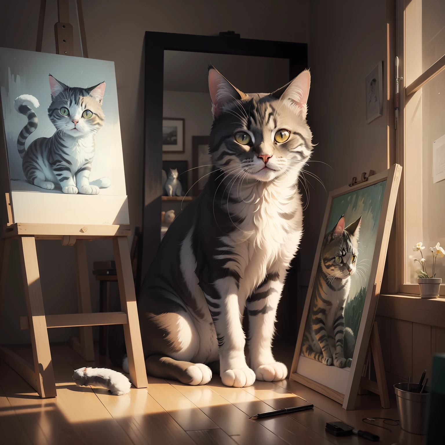 a little cat, art studio, paintings, Van Gogh art, high resolution, 4k, fantasy drawing, pencil strokes, black and white