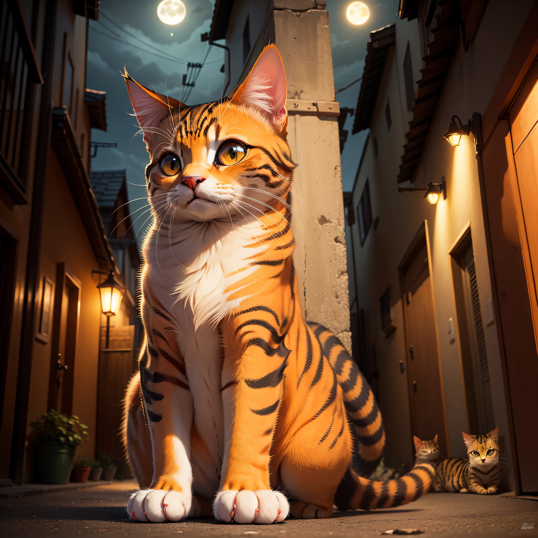 cat,Orange,Cute,Big eyes,Masterpiece,full moon,alley