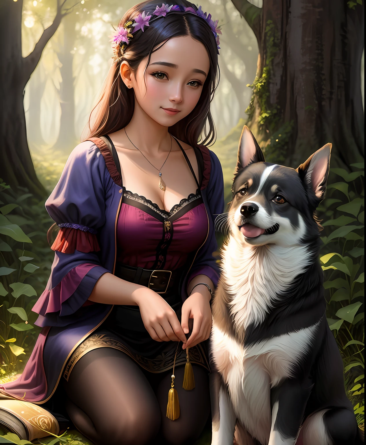 obra-prima, melhor qualidade, alta qualidade, papel de parede 8k extremamente detalhado da unidade CG, uma cena encantadora e sonhadora de uma floresta de fantasia, with tall trees, cogumelos brilhantes e vales de fadas ocultos, a happy girl and a small dog, creating a sense of mystique and enchantment, Artistic Station, digital illustation, intrincado, trend, pastels colors, oil-painting, fotografia premiada, Bokeh, profundidade de campo, HDR, flor, chromatic aberration, fotorrealista, extremamente detalhado, trending on ArtStation, trend at CGSociety, intrincado, alto detalhe, Dramatic, arte no meio da jornada