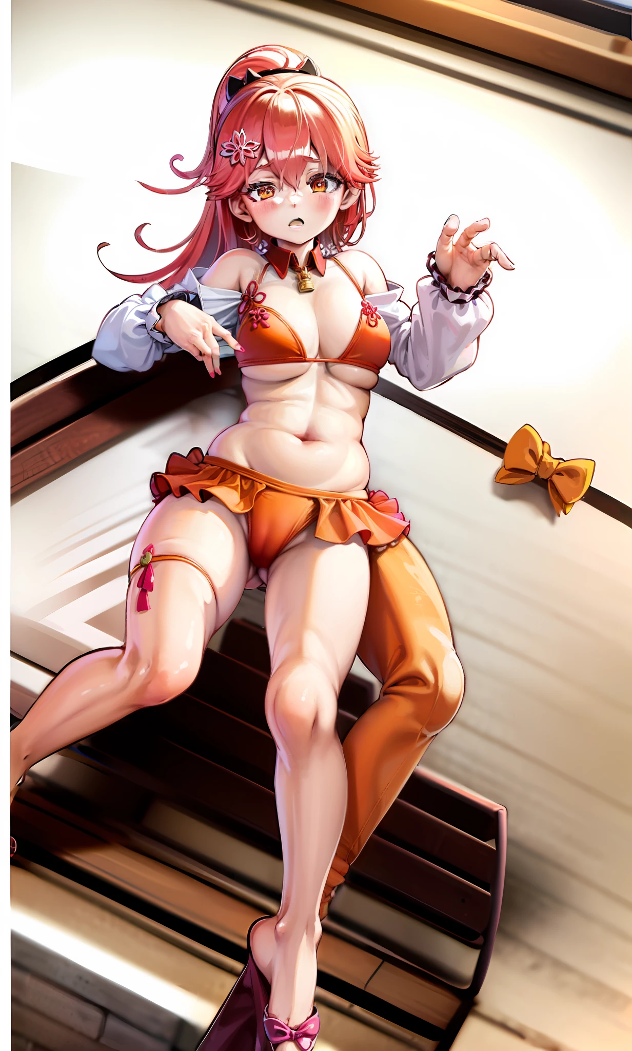 "Creates an illustration of vtuber Sakura Miko wearing a vibrant orange bikini, navel on display, belly on display, seios voluptuosos, corpo molhado, coxas macias, ajoelhada no mar, cabelos laranja deslumbrantes."