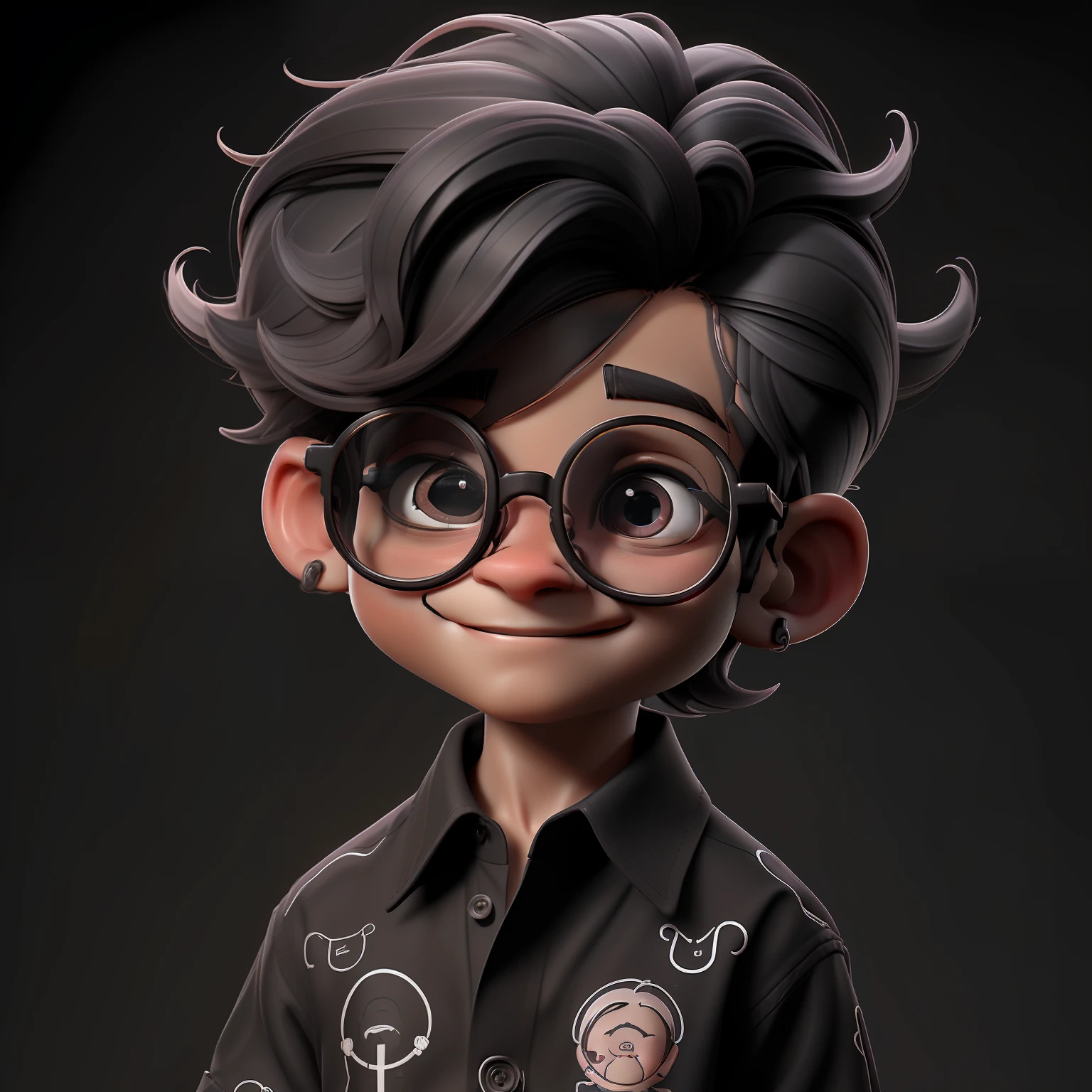 solo, cabelo preto, 1boy, olhos pretos, foco masculino, camisa social, social, camisa, fundo simples, sorriso, male child, Round Eyewear, cabelo curto, boca fechada, corpo inteiro