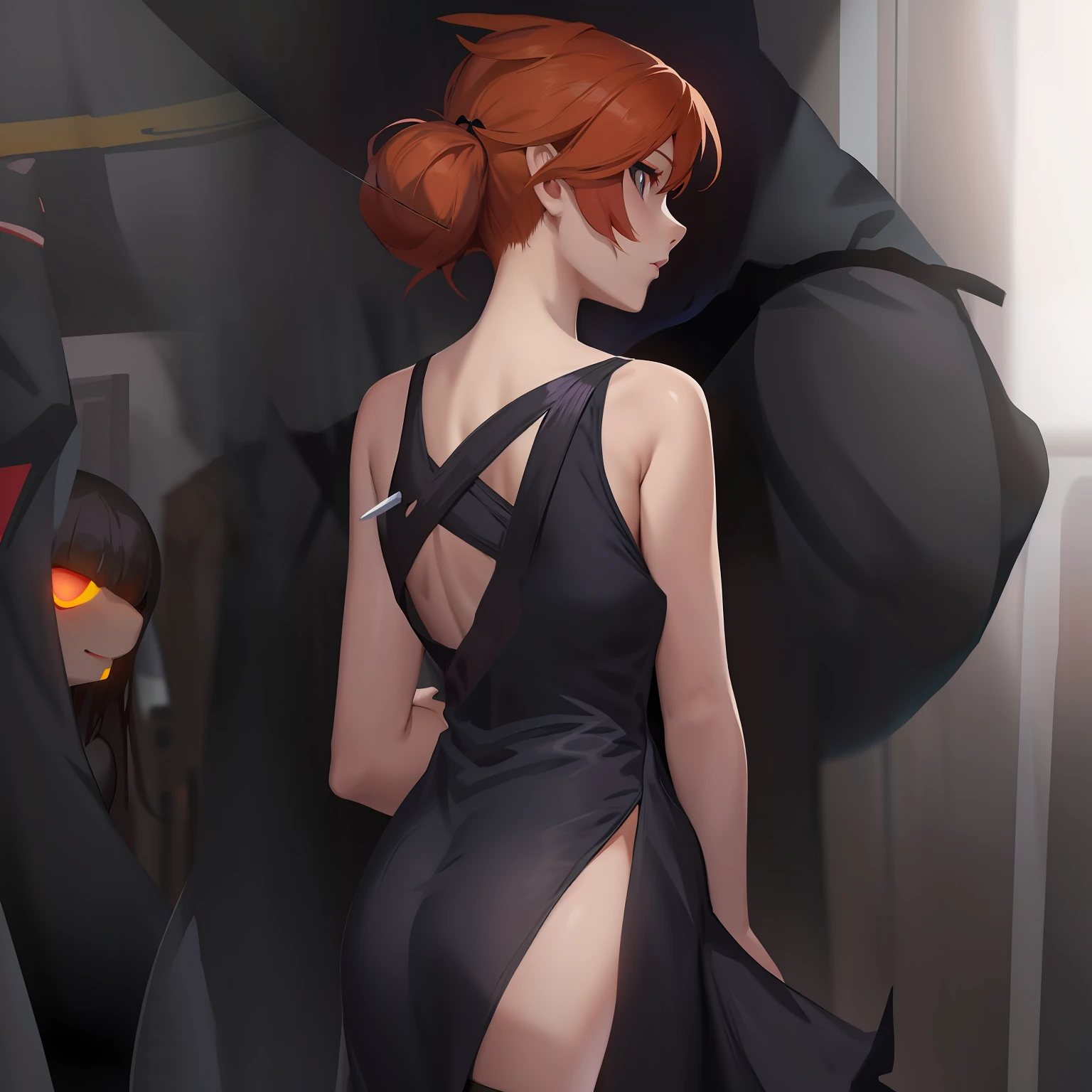 Anime girl in black dress with long hair and big eyes, anime girl in black dress, digital art of an elegant, Dark dress, She is dressed in a black dress, in dress, stylish dark dress, in a dark dress, Elegant Woman in Black Dress, Elegant profile pose, girl in a dress, Tracer in a tight dress