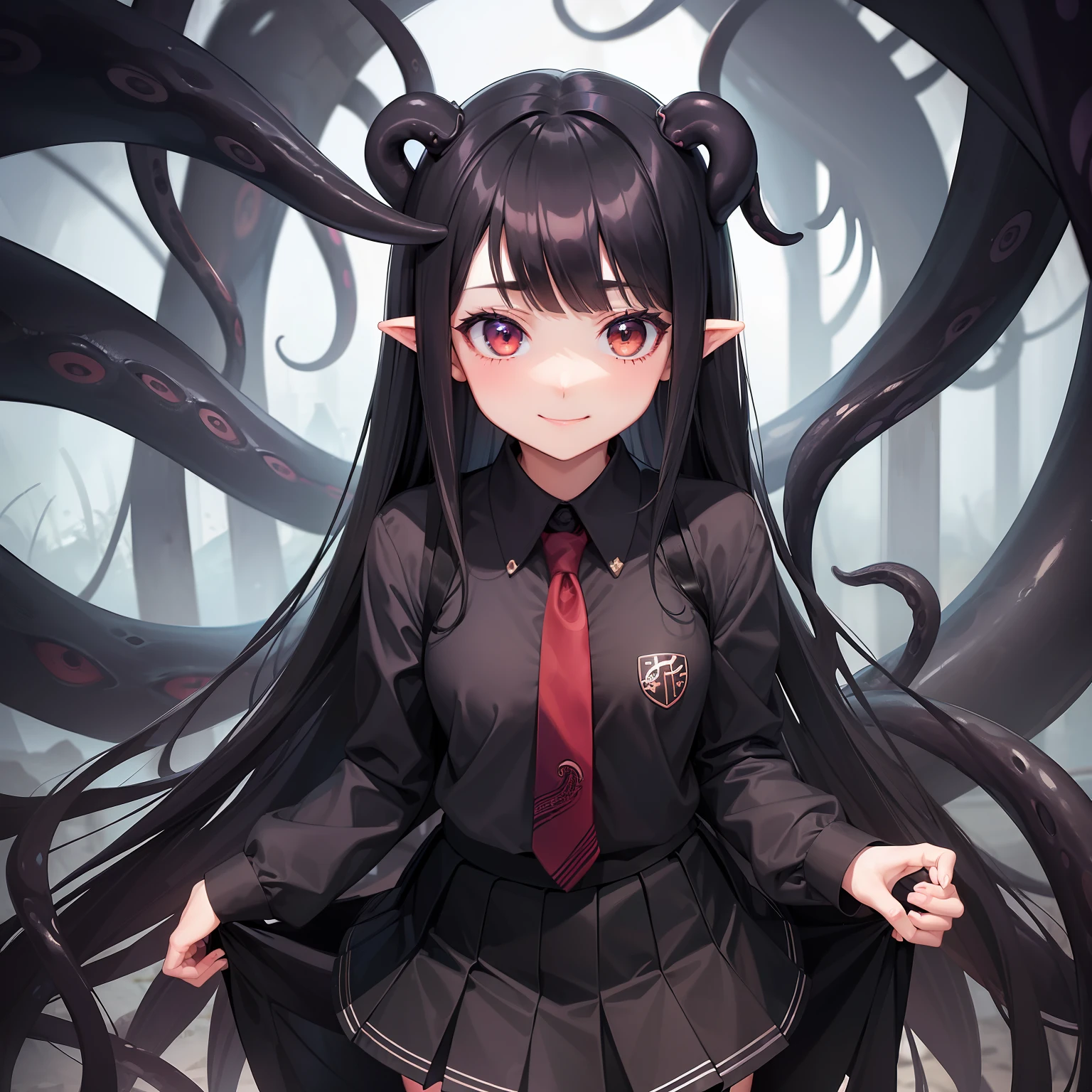 ((Girl fused with tentacles. Tentacles from the skirt)). School uniform. Black costume. A dark-haired. The long-haired. Cropped bangs. natta.two eyes sticking out of the head,,,,,. Invincible smile. Short skirt. Ruins