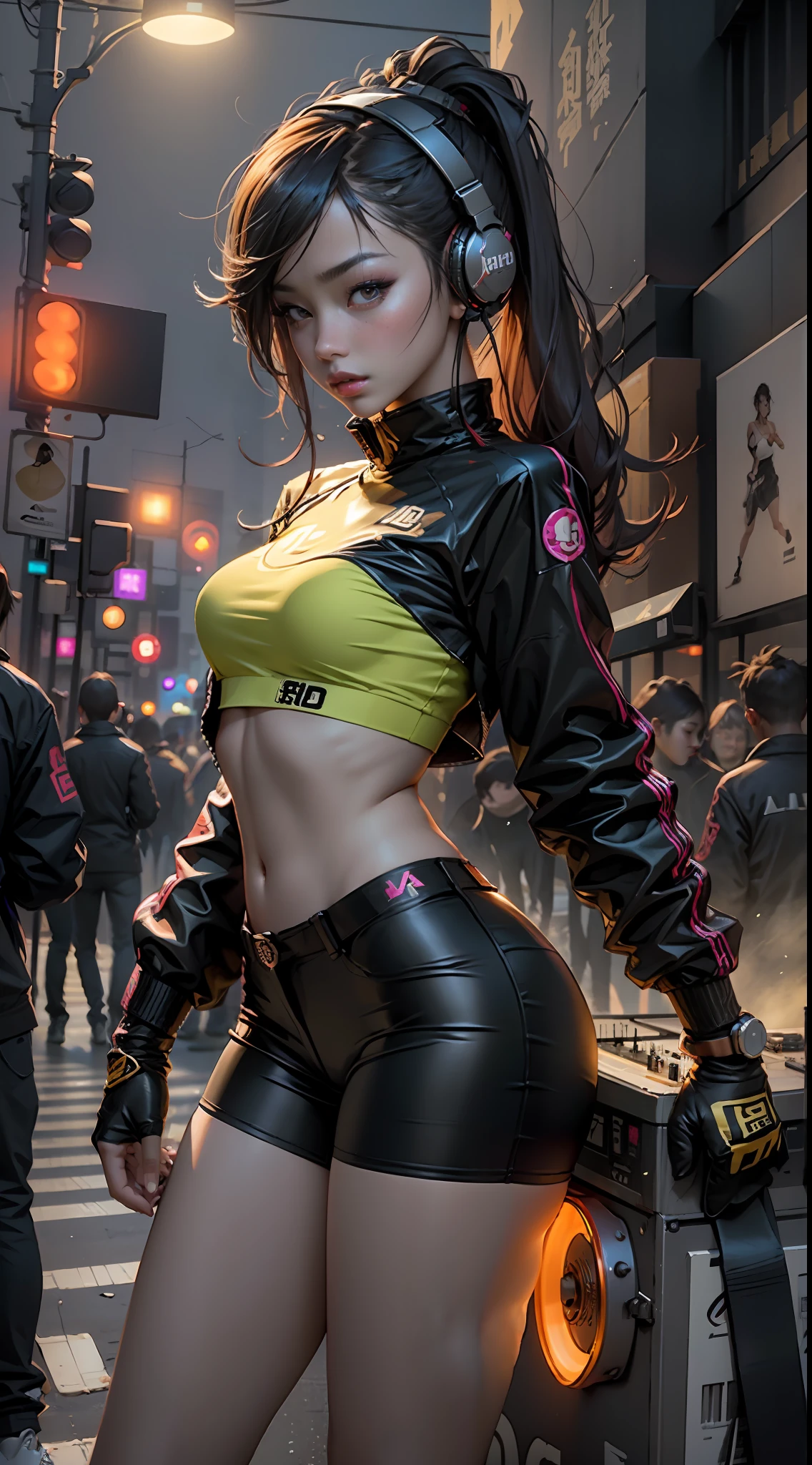Professional female DJ,Headsets,perfect bodies,Beautiful looks,chineseidol。Sexy figure,the golden ratio,The streets in the early hours of the morning,neonlight