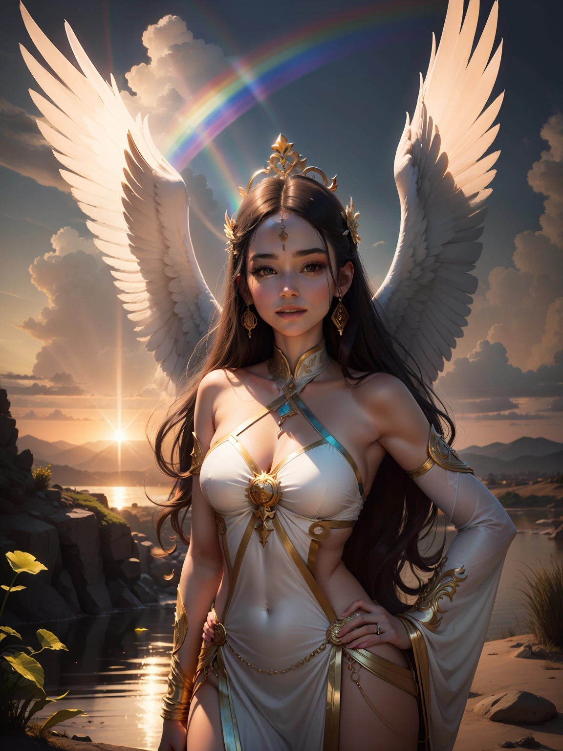 "Angelic beings, radiant sunlight, mesmerizing, vibrant rainbows. Divine glow."