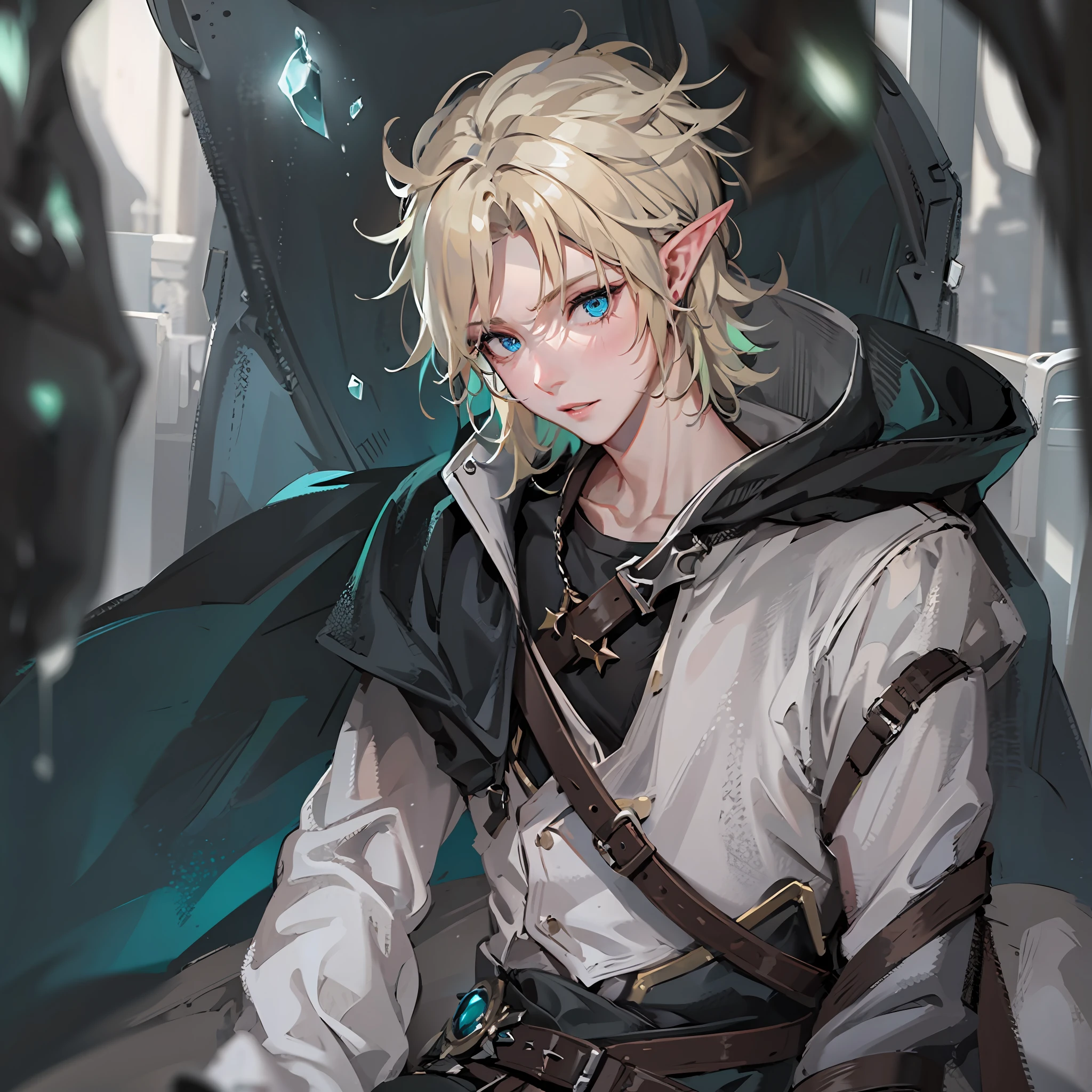 A boy, blonde hair, blue eyes, elf ears, rogue clothes, black dark clothes, handsome