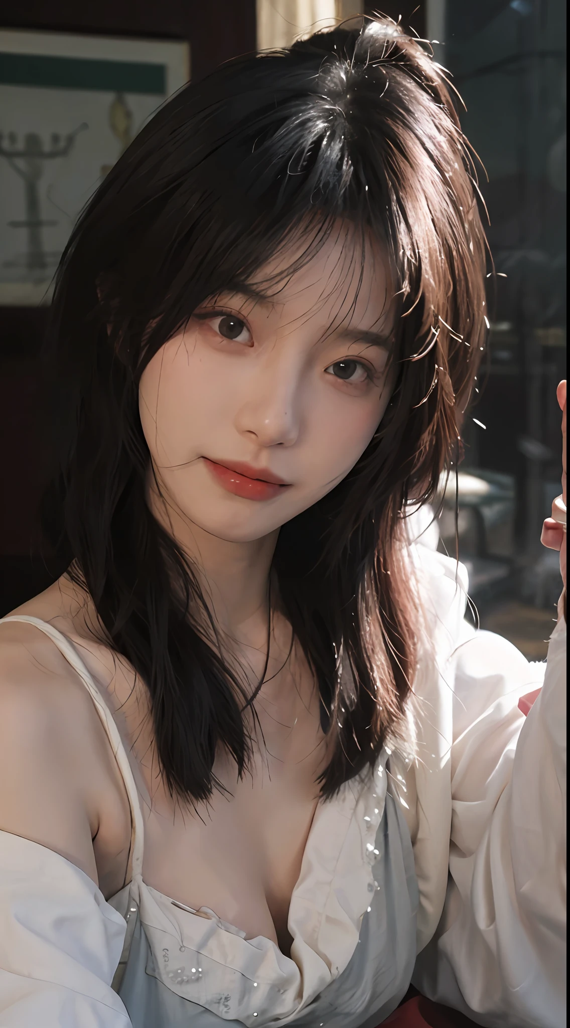 best qualtiy, 超高分辨率, (realisticlying:1.4),cute hairpin,Baoyu Girl,European style apartment,(flatchest:1.2) ,A pair of clear and moving peach blossom eyes,Royal Sister,sunshine on face,Big wavy hair,(choker necklace:1.2),(Fair skin:1.4),a sense of atmosphere,a beauty girl, ssmile,head straight-looking at viewer, closeup cleavage ,(Photorealistic:1.4),1girll,Sexy,(Upper body:1.4),(Wet body),(:1.2)