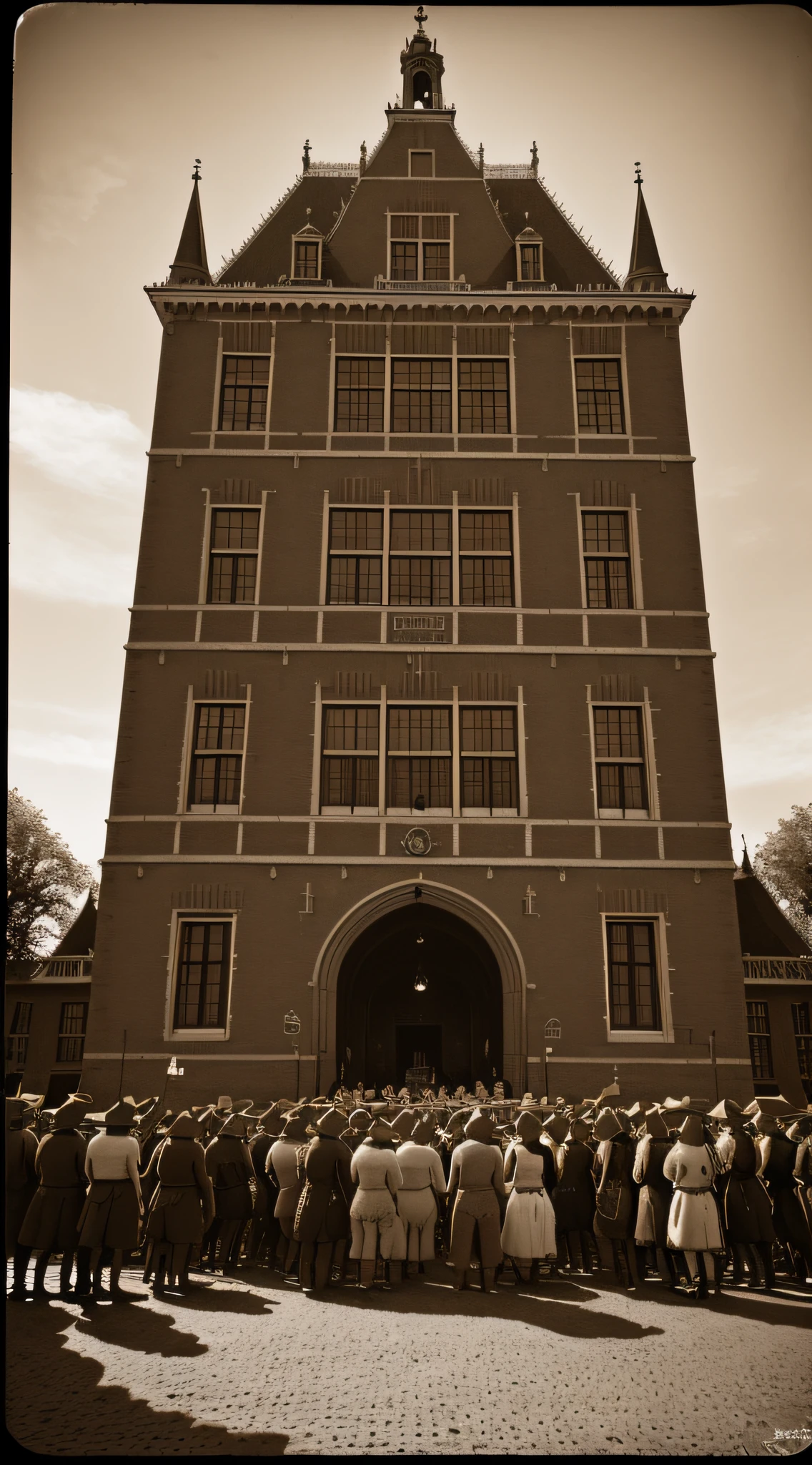 {An angry mob of people, signifying the turbulent era of 1672, congregates in front of the Binnenhof, the Dutch parliamentary building in the 17th-century. The image is bathed in sepia tones, underscoring the historical nature of the scene.}, Historic Photo, Realistic Style inspired by Greg Rutkowski, Canon EF 35mm Lens, Wide Angle Shot, (Sepia Toned:1.4), (Historic:1.25), (4K Resolution:1.2), (Detailed:1.15)