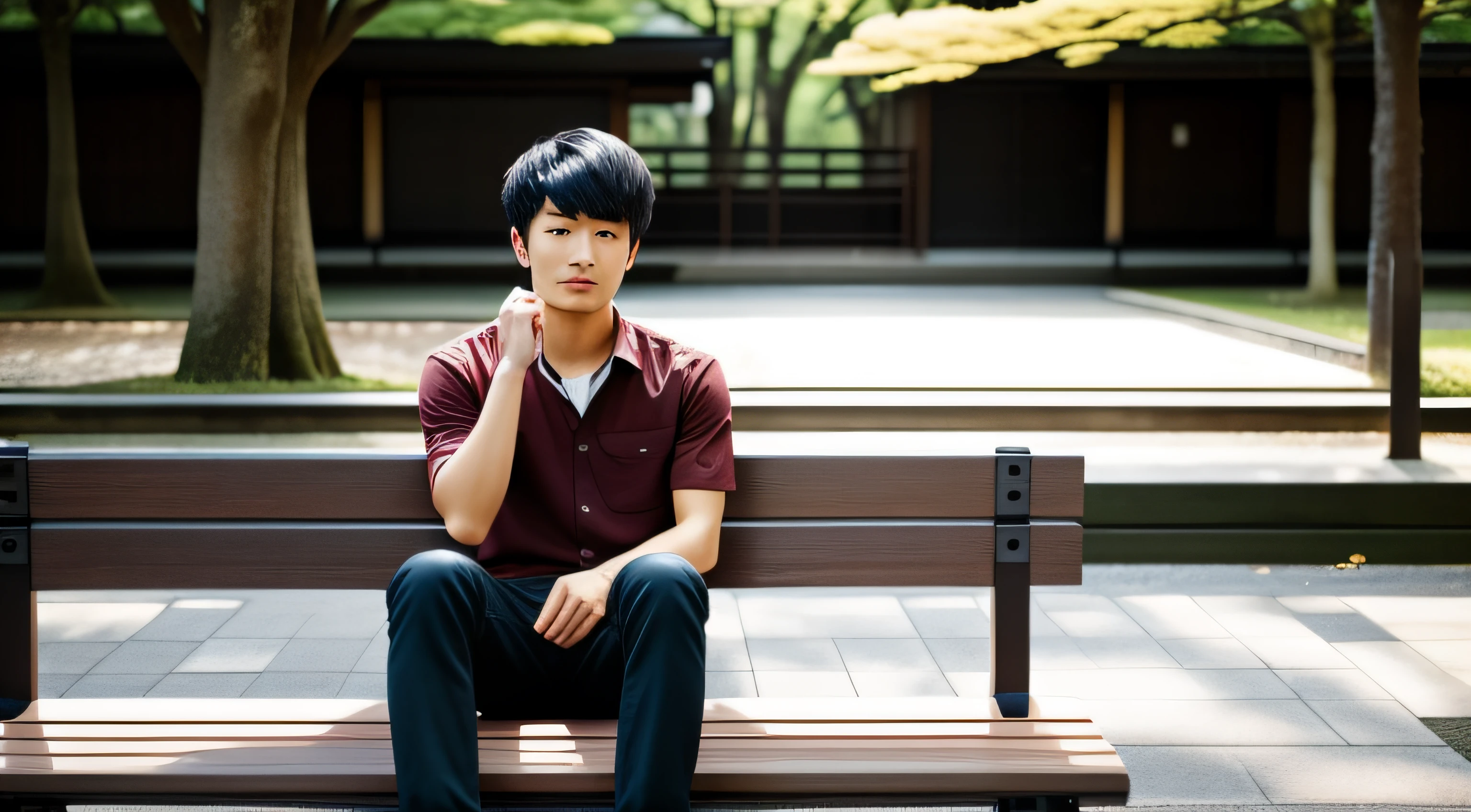 Young Japanese man sitting on a square bench