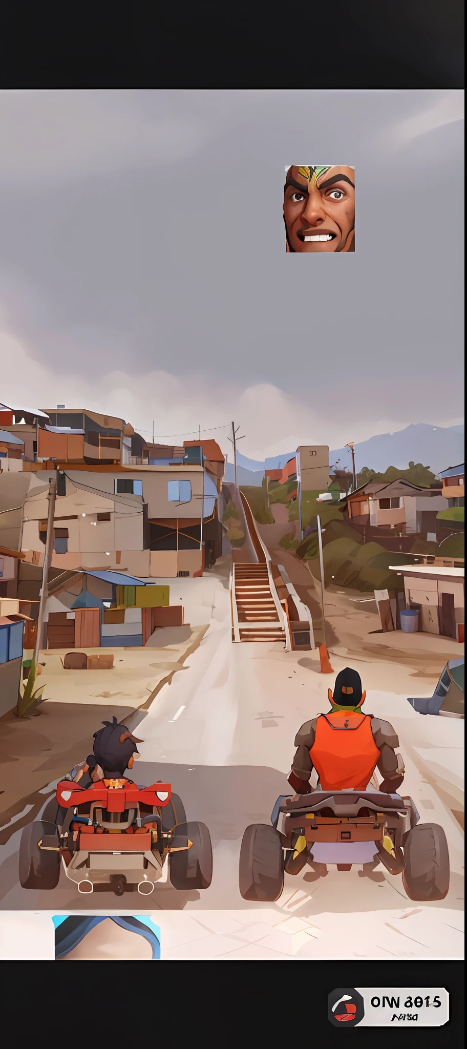 There is a picture of a man riding in a four-wheeled car, realismo no estilo de jogo fornite, in game graphic, fps view, captura de tela em primeira pessoa, favela futurista, View in 3rd person, Captura de tela do jogo, arte digital #OneShotGame, Captura de tela de um FPS, Location ( favela ), no jogo, um ambiente de favela opulento