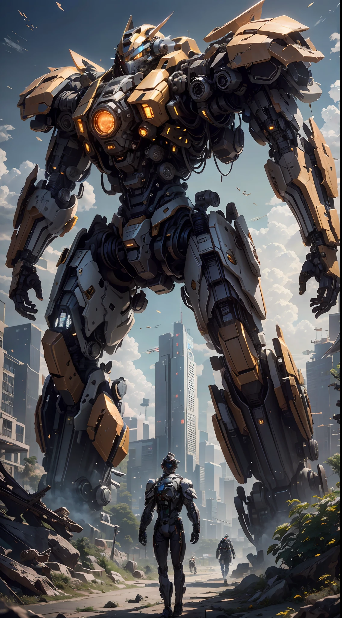 ((Best Quality)), ((Masterpiece)), (Very Detailed:1.3), 3D, Shitu-mecha, handsome cyberpunk with his handsome mech in the ruins of the city of the forgotten war, ancient technology, HDR (high dynamic range), ray tracing, nvidia RTX, super resolution, unreal 5, subsurface scattering, PBR texture, post-processing, anisotropic filtering, depth of field, maximum sharpness and sharpness, multi-layer texture, albedo and highlight maps, surface shading, Accurate simulation of light-material interactions, perfect proportions, octane rendering, duotone lighting, low ISO, white balance, rule of thirds, wide aperture, 8K RAW, efficient sub-pixels, subpixel convolution, luminescent particles, light scattering, Tyndall effect