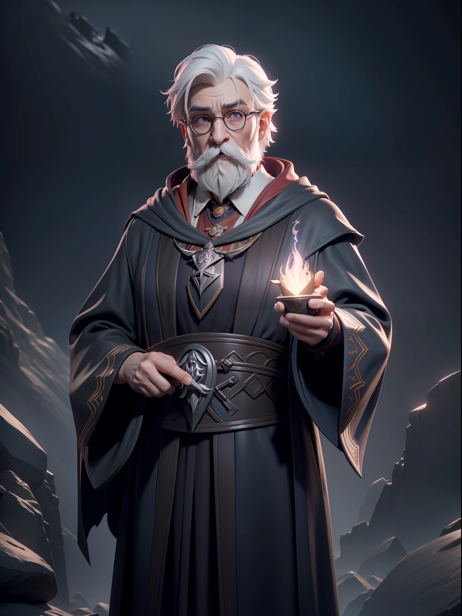 A male wizard, white hair, mustache, wide sleeves, glasses, robe, long sleeves, ((spill)), (((Hogwarts background))), Hogwarts, Hyperdetailed, ArtStation, CGsociety, 8K, Surrealist, Zbrush, Unreal Engine 5, Bright colors, Greg Rutkowski, Darksynth, Weta Digital, Focus, Octane rendering, Super sharp, Cinematic light, High quality, High resolution,  Style Smooth Color Manga Hayao, Photorealistic, High Detail, 8K, Trending Artstation, Octane Rendering, Cinematic Lighting, 3D Rendering, Vray Caustics, Volumetric Lighting, Dark Atmosphere, Moody Colors, Sense of Awe, Concept Art, Unreal Engine 5 Rendering, Cinematic Center Shot, Hyper Realistic, Ultra-Detailed;